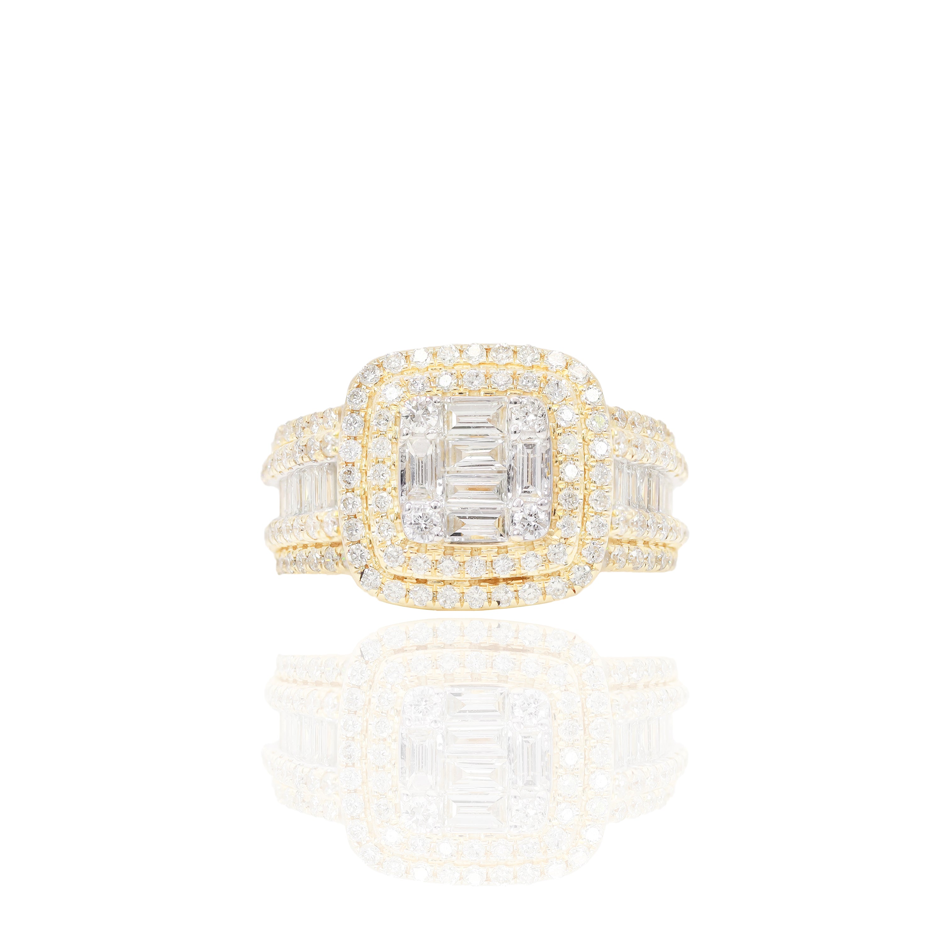 Double Halo Center Baguette Diamond Engagement Ring & Band