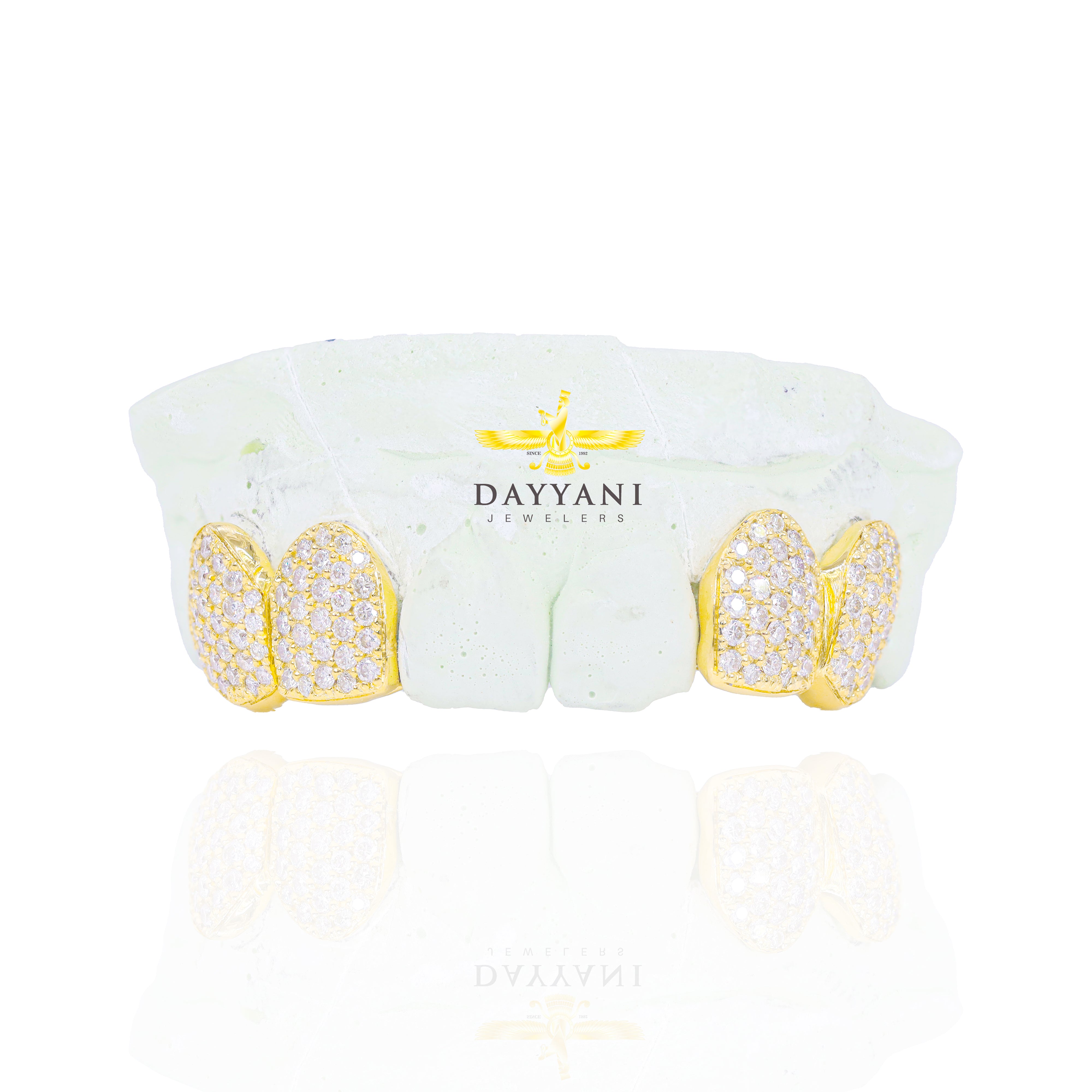 Custom 4 Teeth Diamond Grillz with Back Bar Gold Grillz