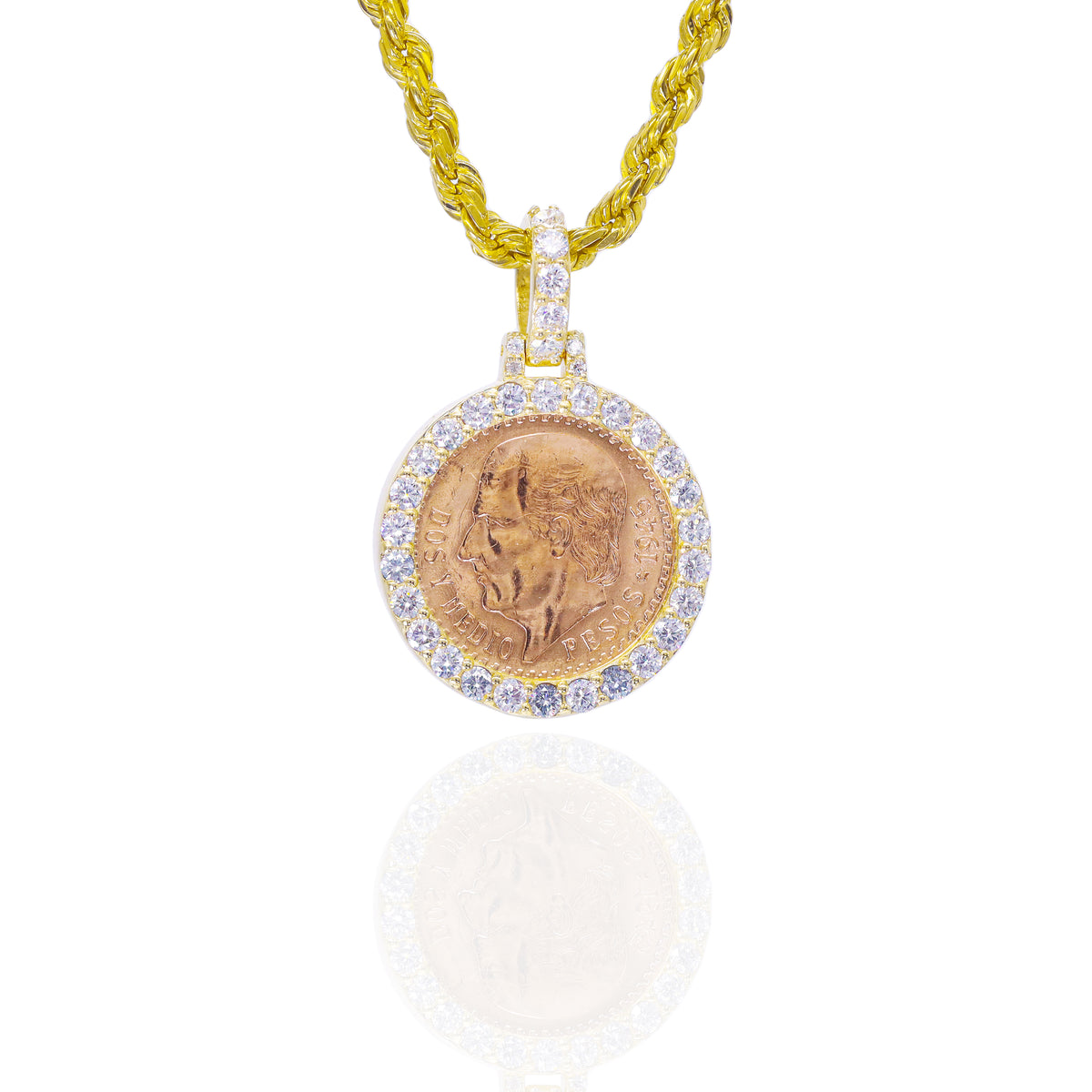 Dos Y Medio 1945 21KT Gold Coin with Diamond Bezel