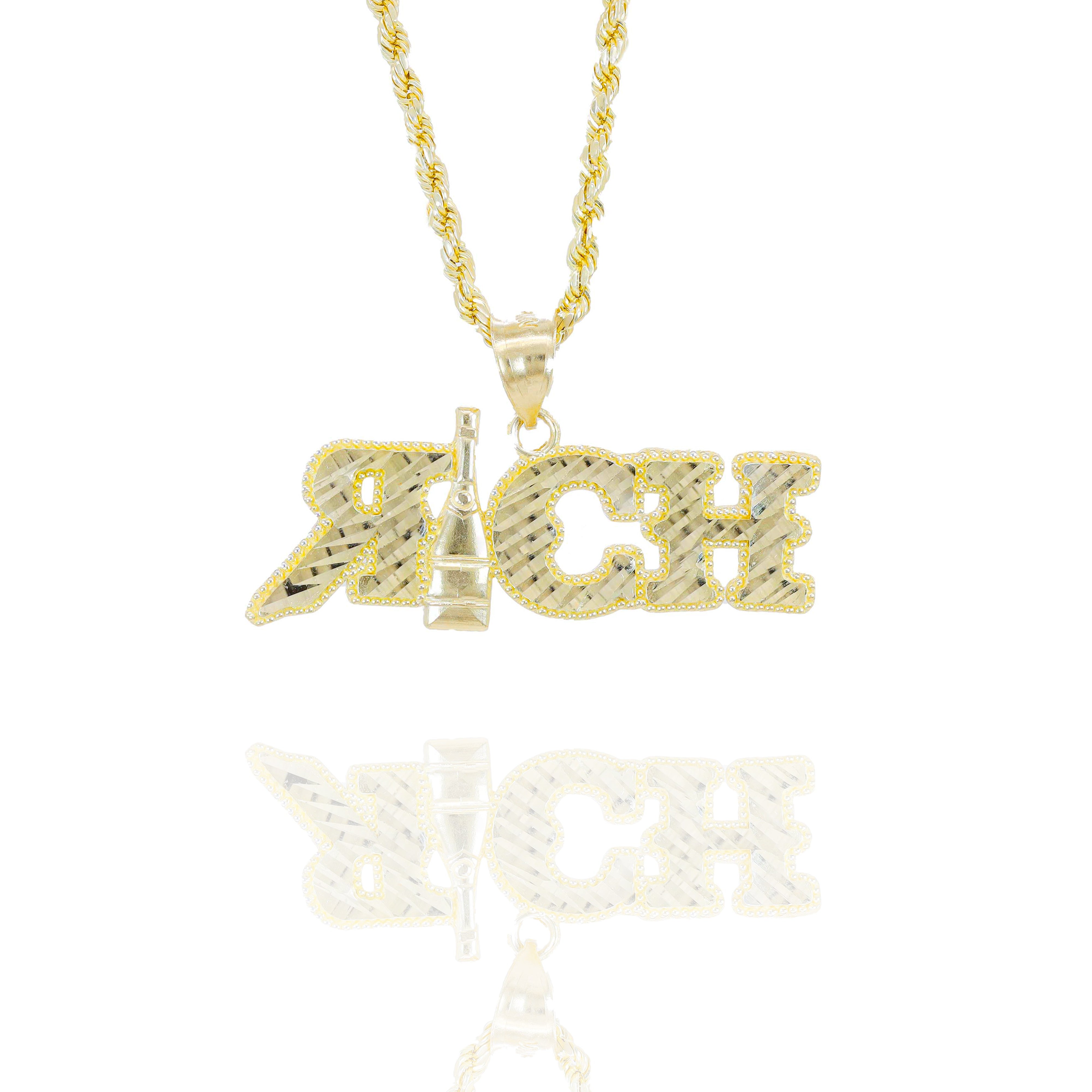 Gold necklace with 'RICH' solid gold pendant