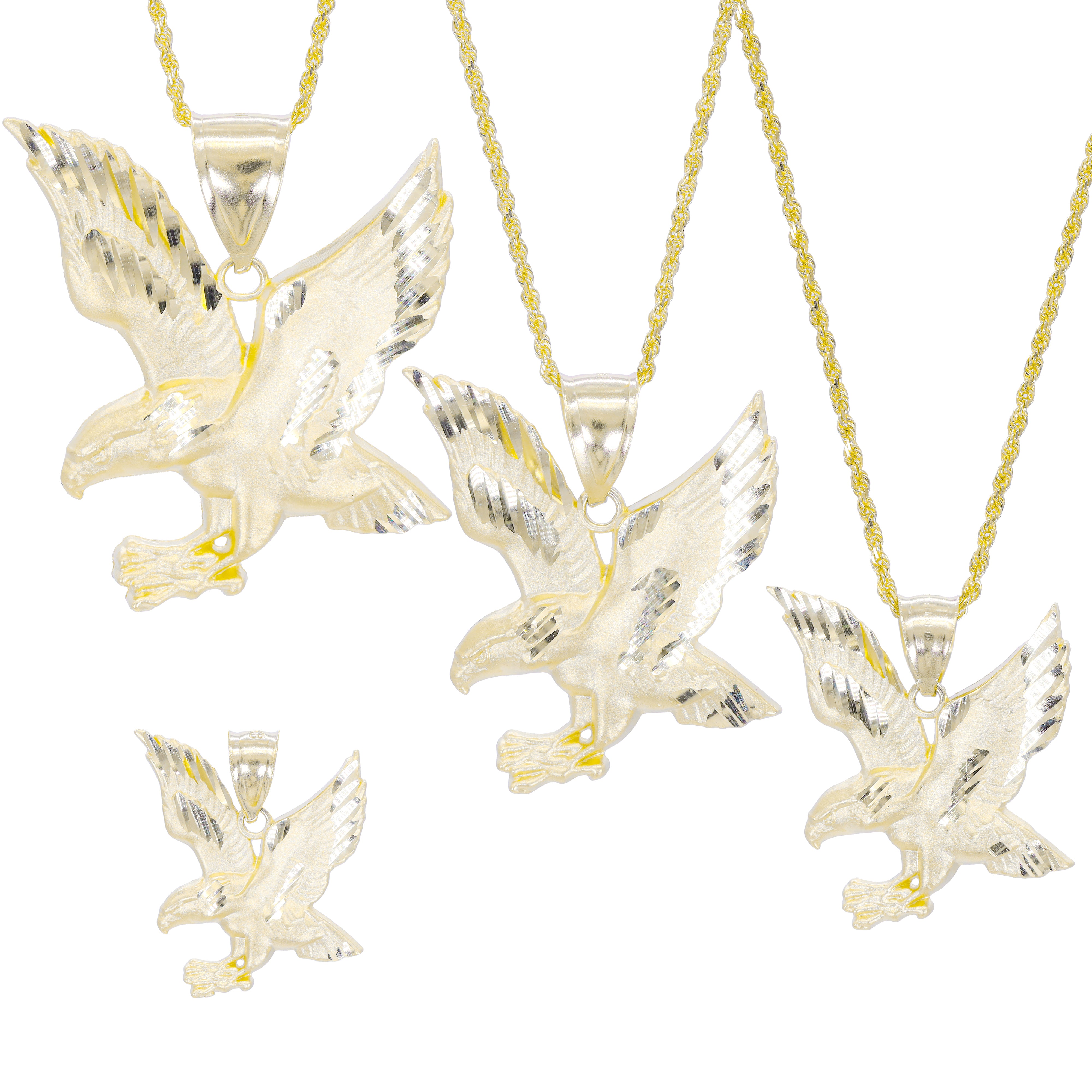 Set of gold soaring eagle pendants on gold chains