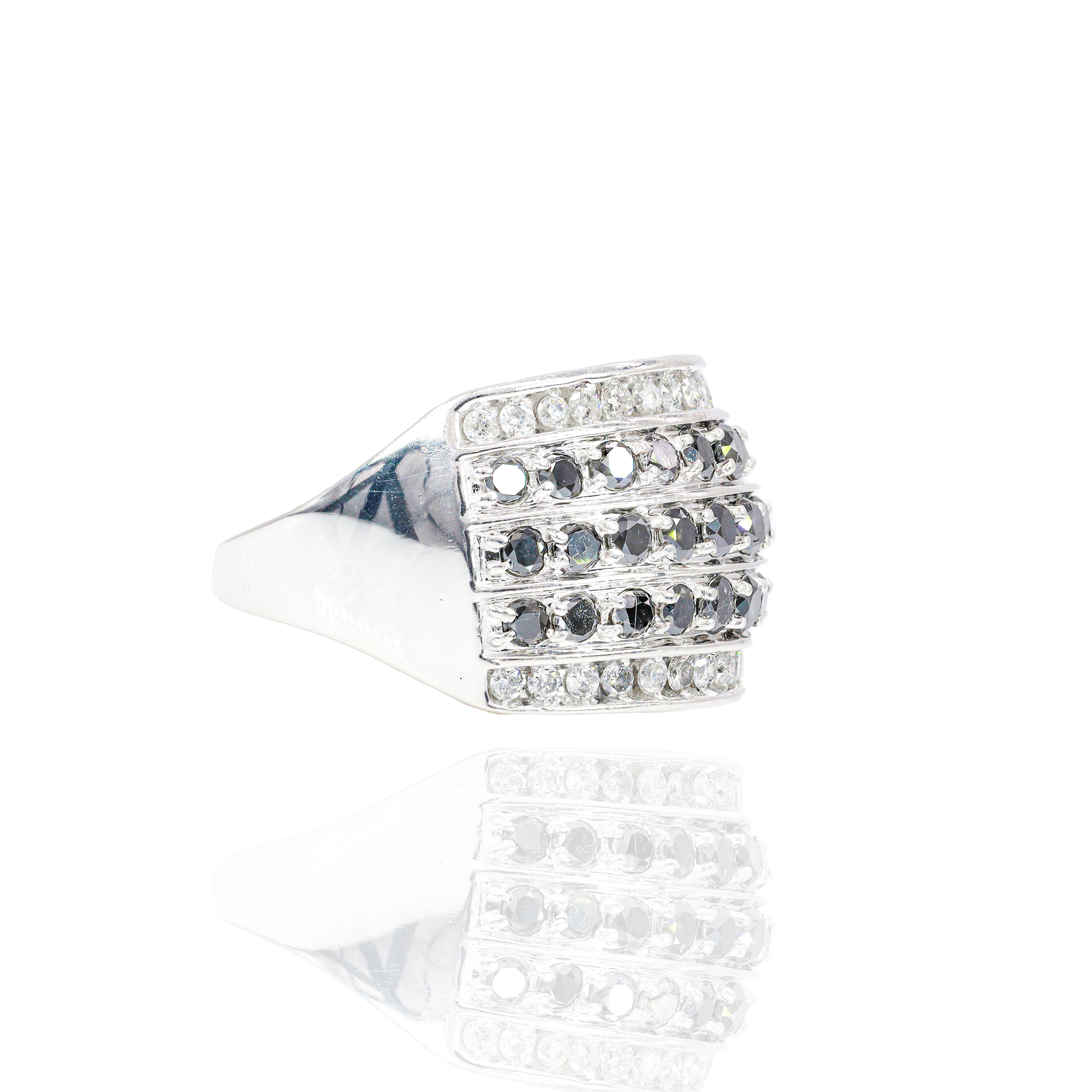 3 Row Black Diamond Ring with White Diamond Border