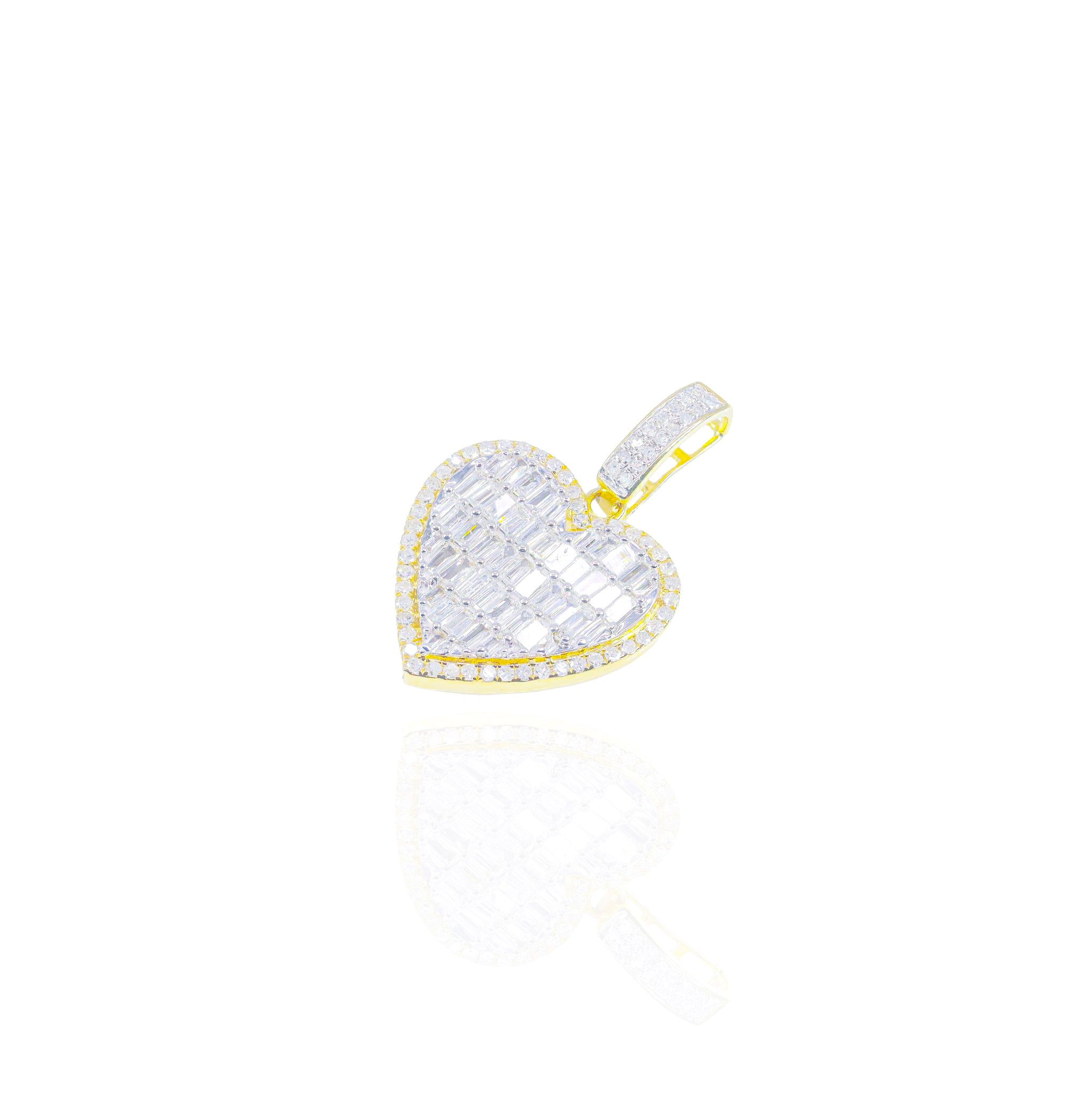 Baguette Diamond Heart Pendant w/ Round Diamond Border