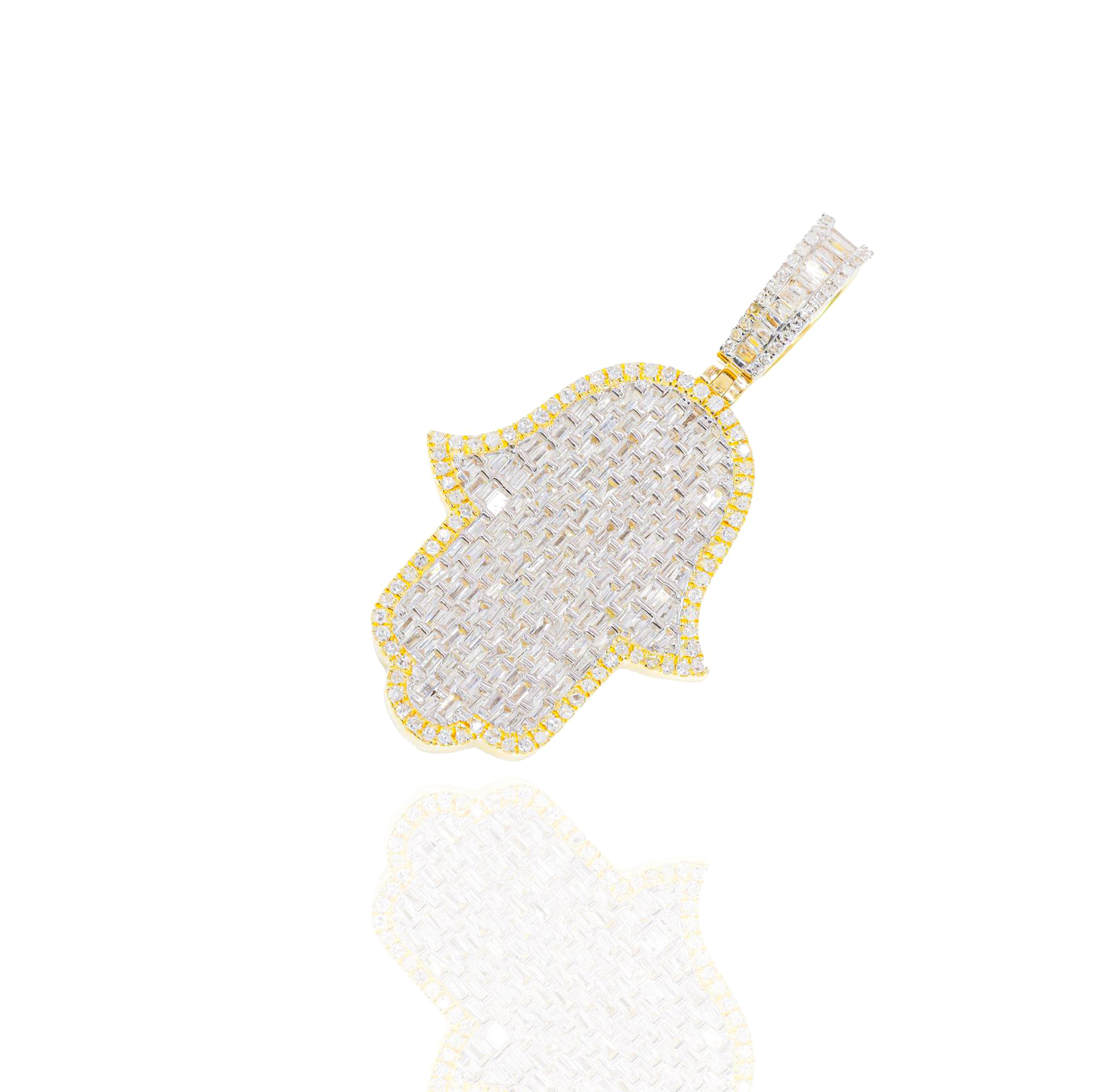 Baguette Diamond Hamza Hand Pendant w/ Round Diamond Border