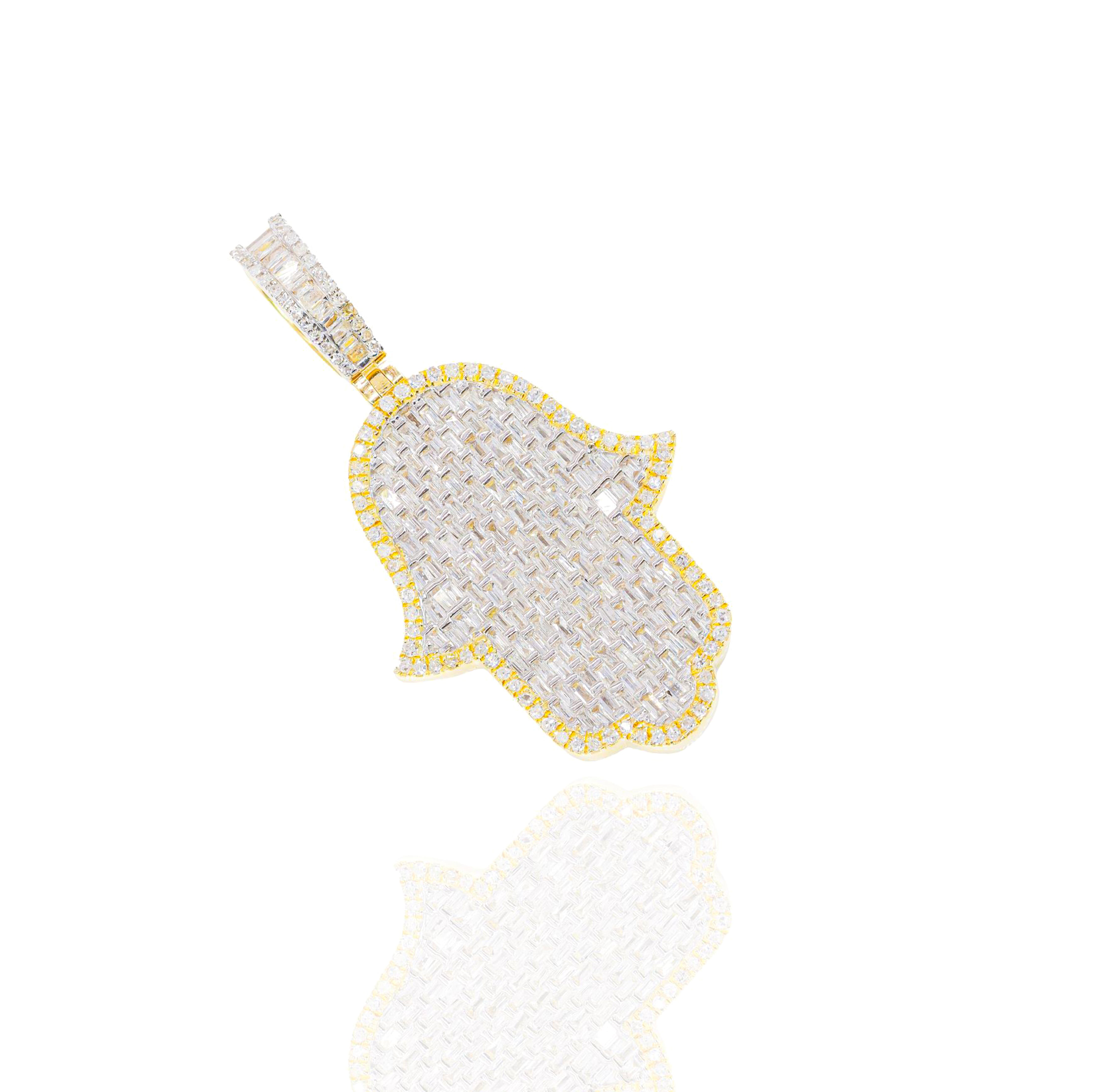 Baguette Diamond Hamza Hand Pendant w/ Round Diamond Border