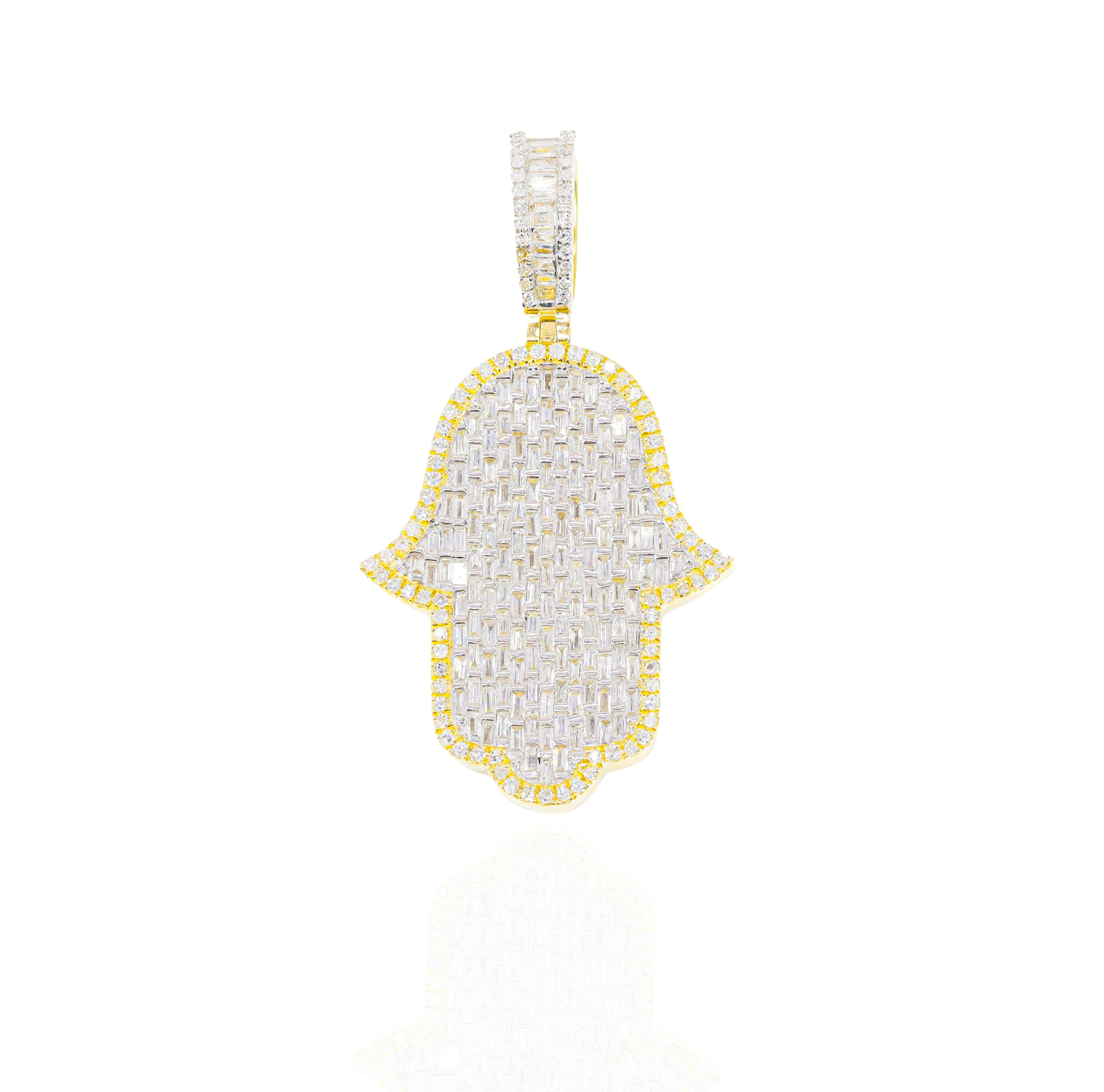 Baguette Diamond Hamza Hand Pendant w/ Round Diamond Border