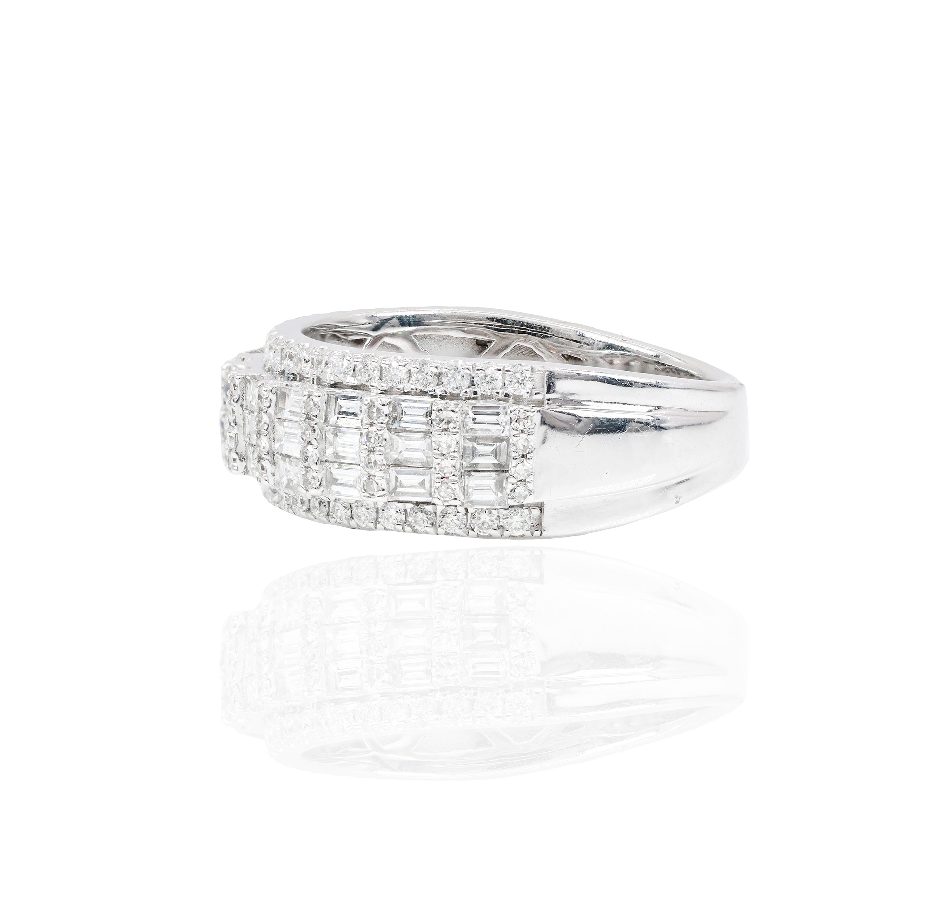 3 Row Baguette Diamond Band with Round Diamond Border