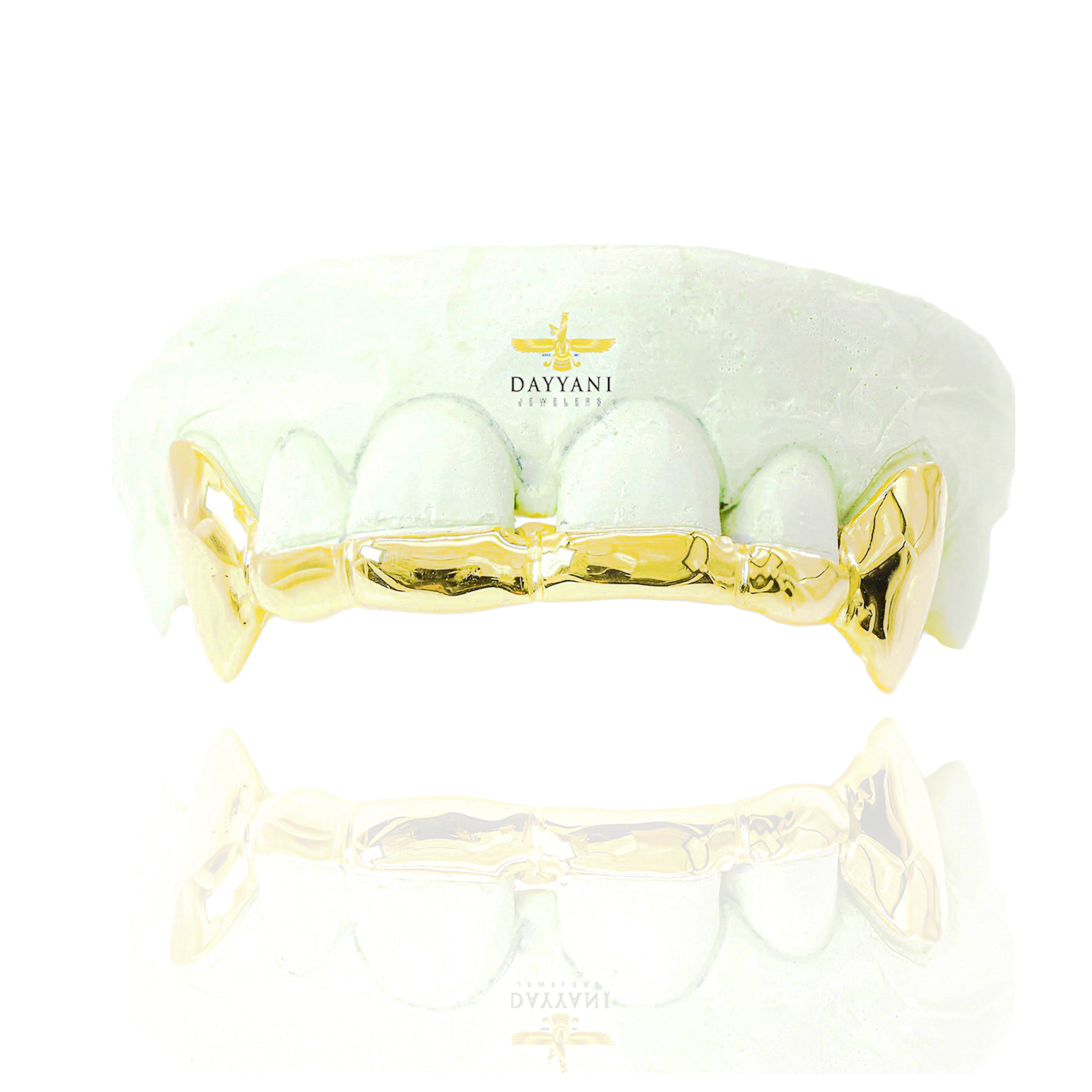 Custom 2 Teeth with Front Bar with Extended Fangs Gold Grillz