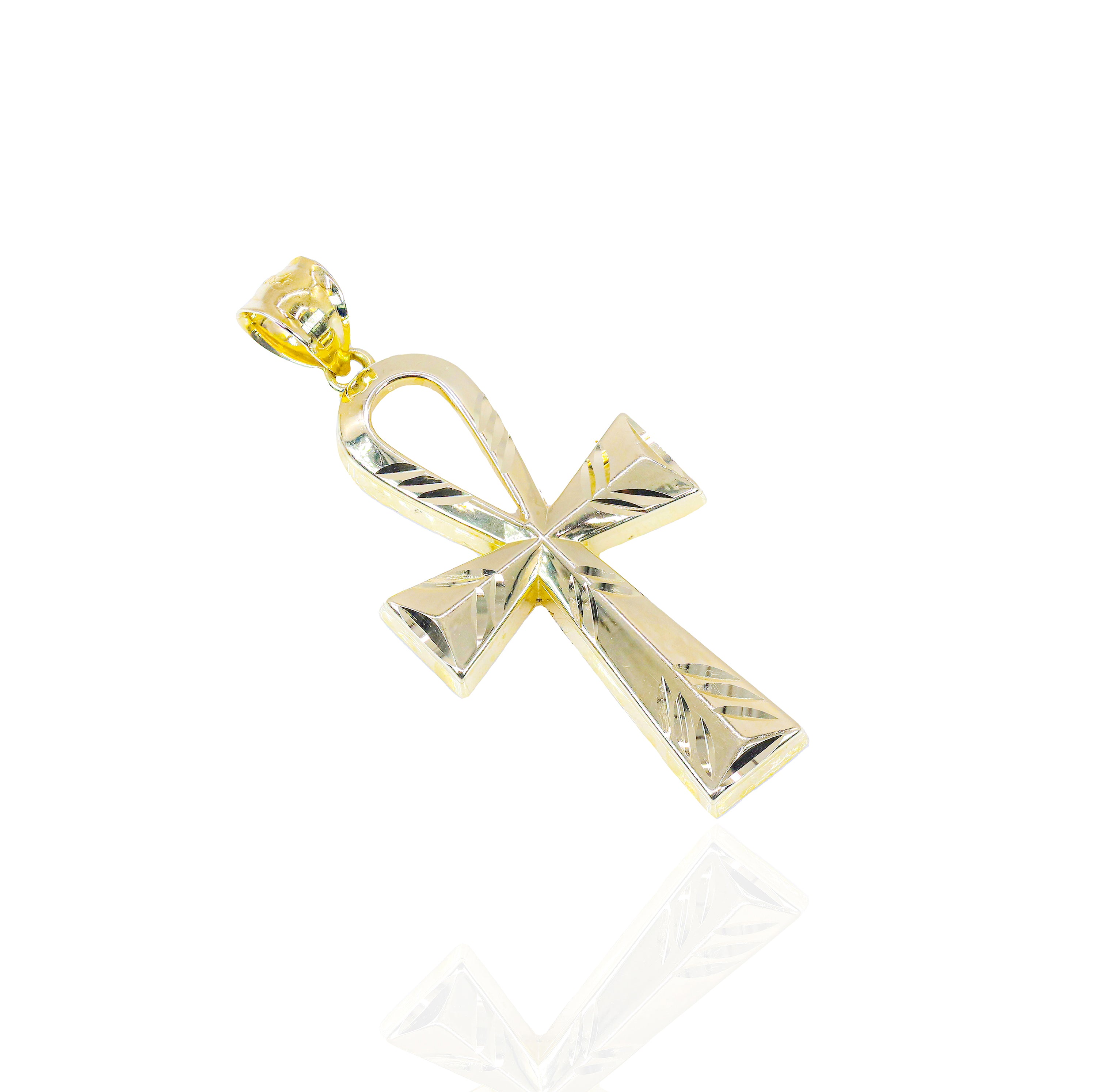 Elongated Fluted Ankh Solid Gold Pendant