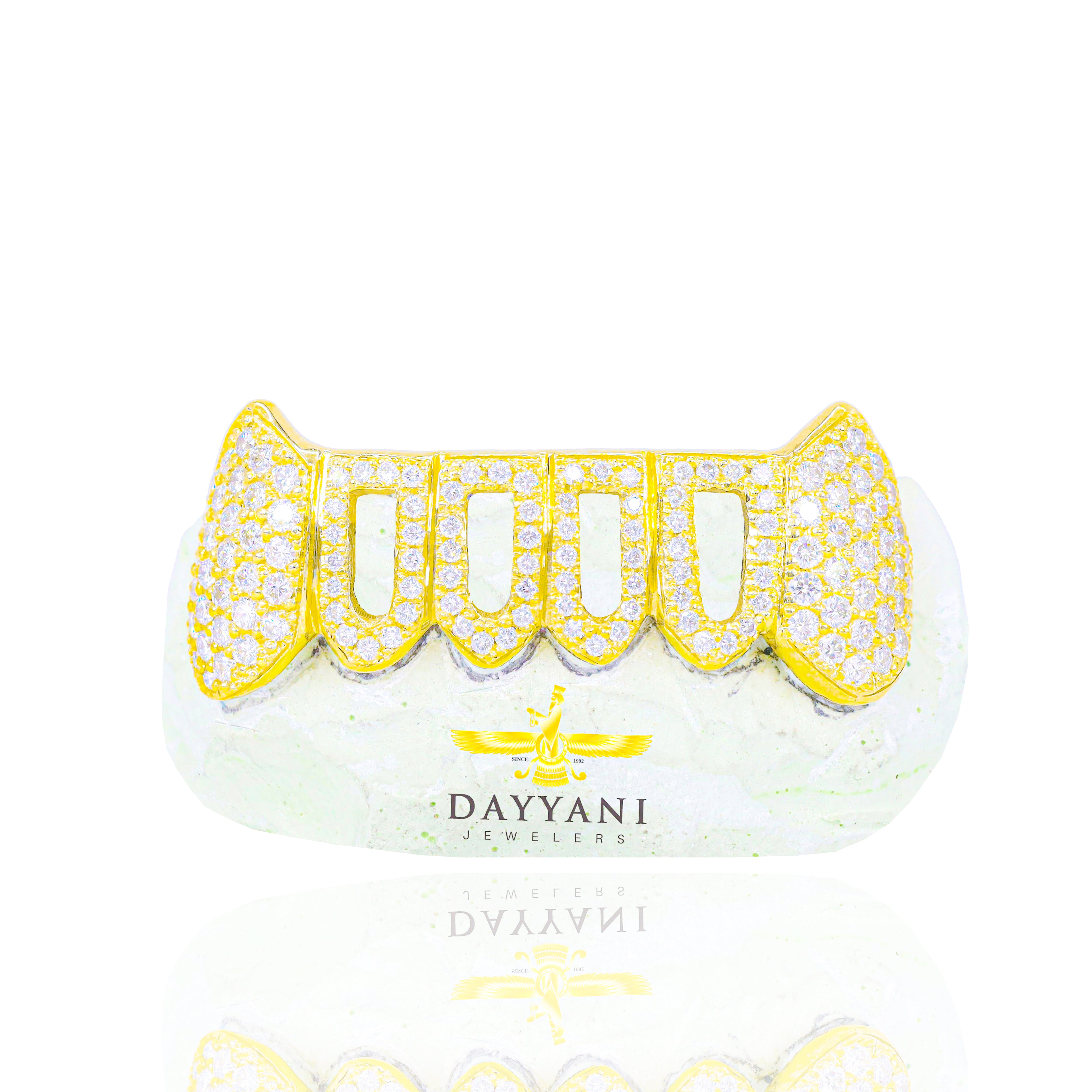 Custom Open Face Diamond w/ Diamond Extended Fangs Gold Grillz