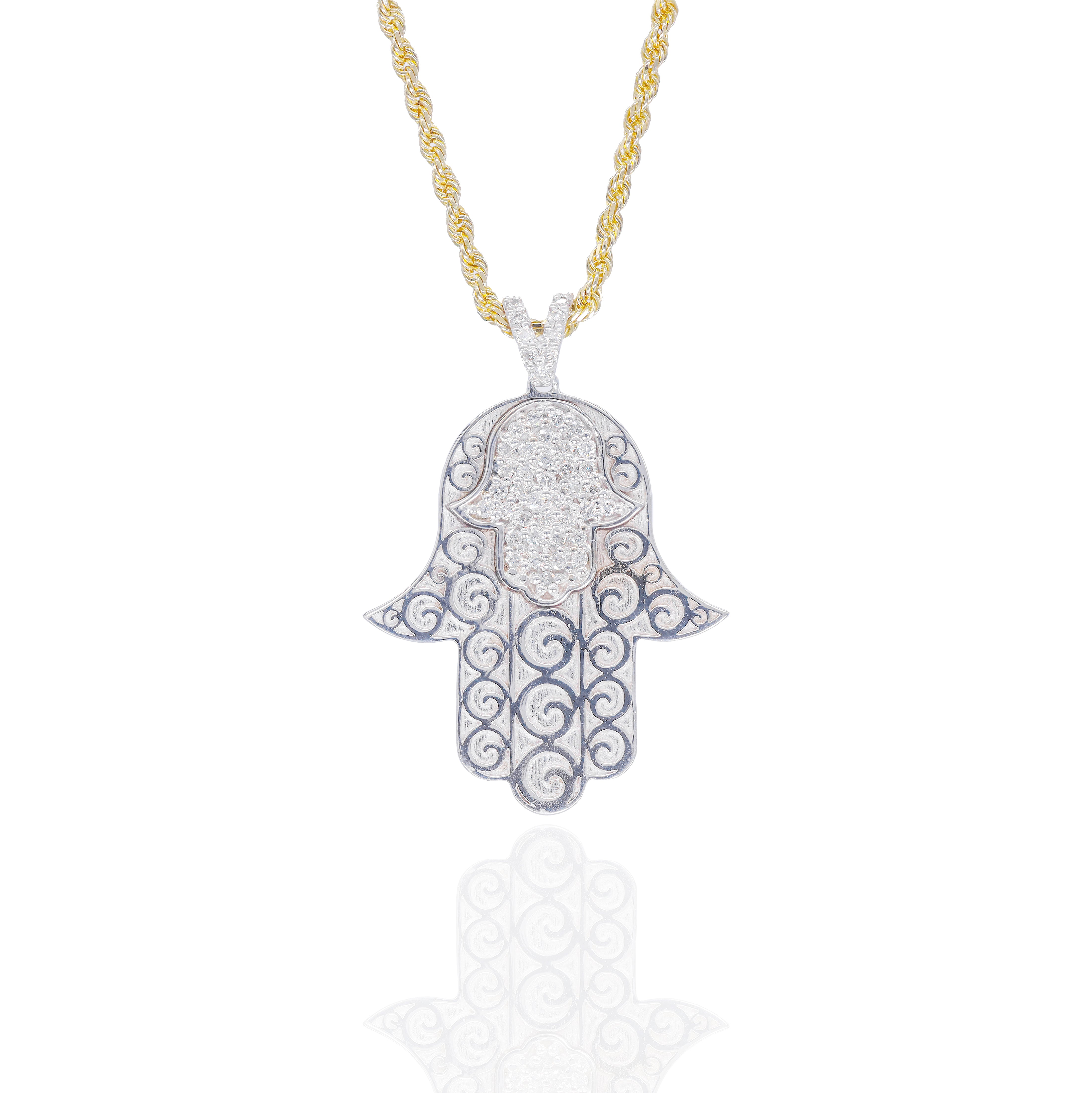 Diamond Hamza Hand with Solid Gold/Enamel Evil Eye Design