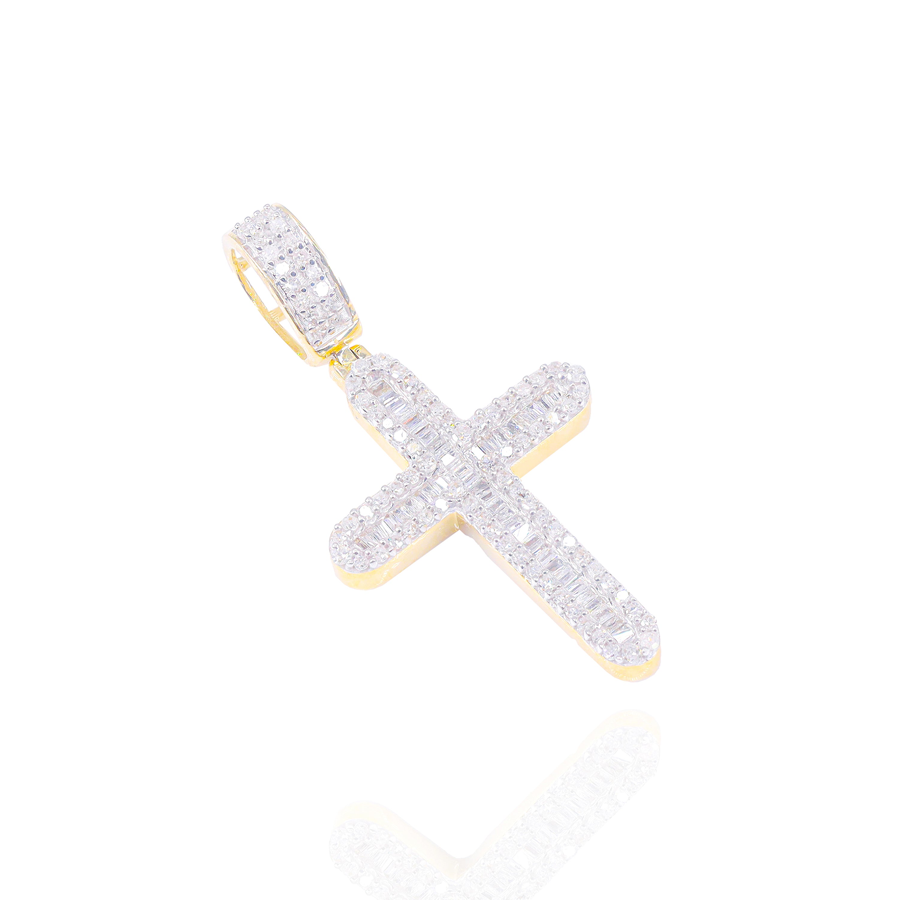 Baguette w/ Round Diamond Border Cross Pendant