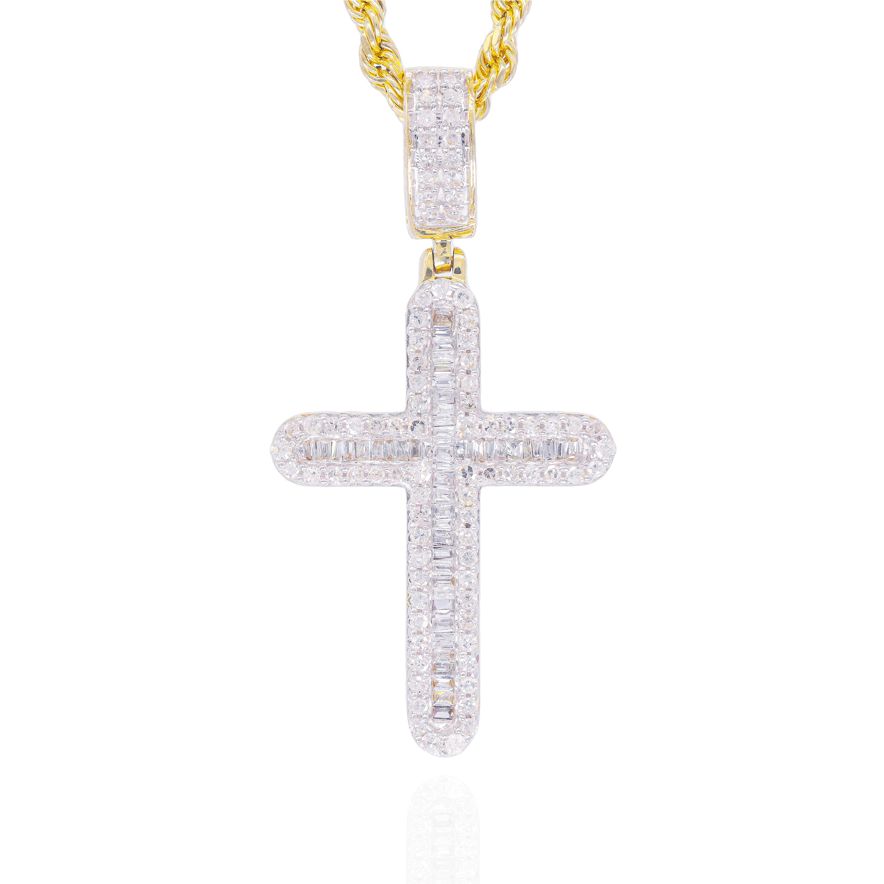 Baguette w/ Round Diamond Border Cross Pendant