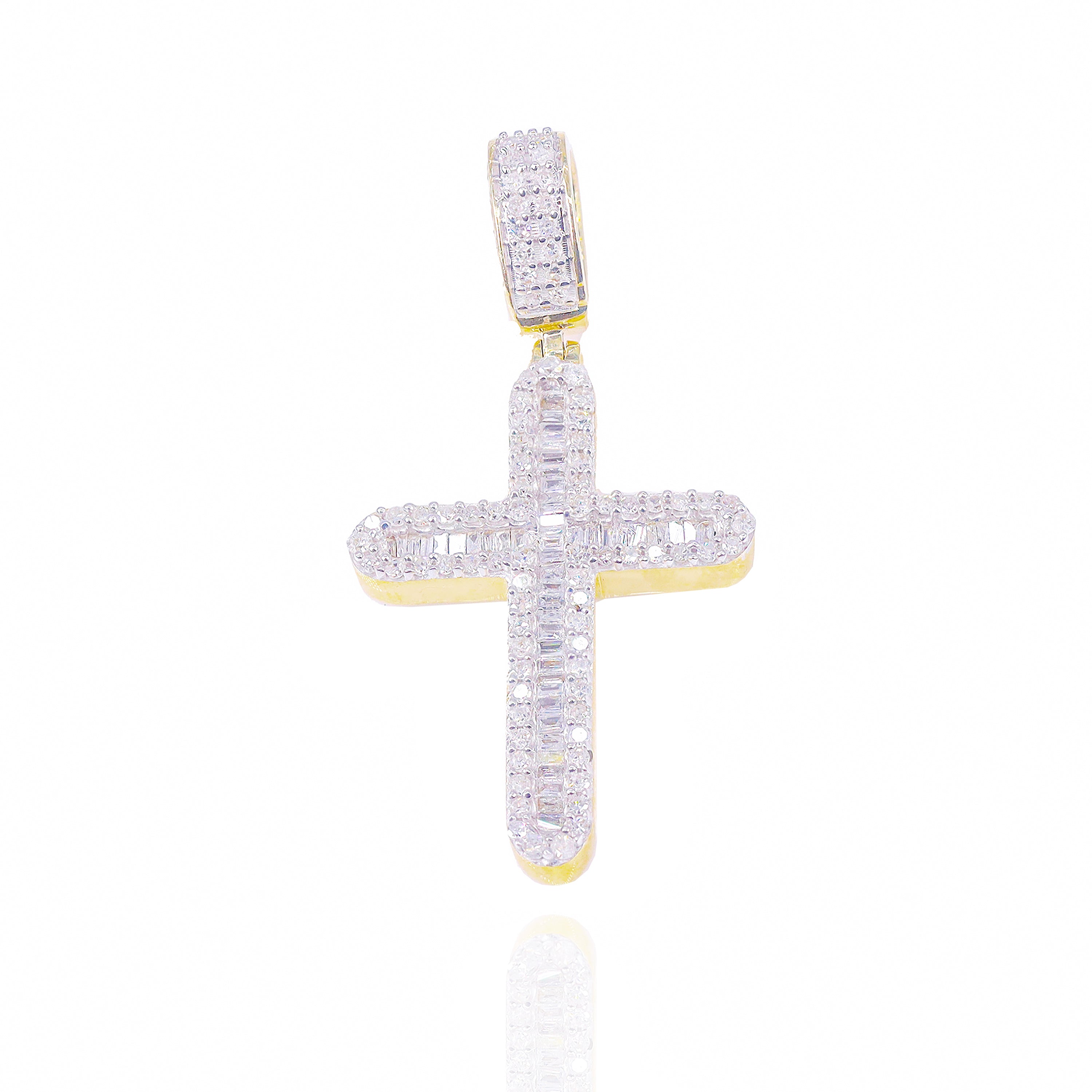 Baguette w/ Round Diamond Border Cross Pendant