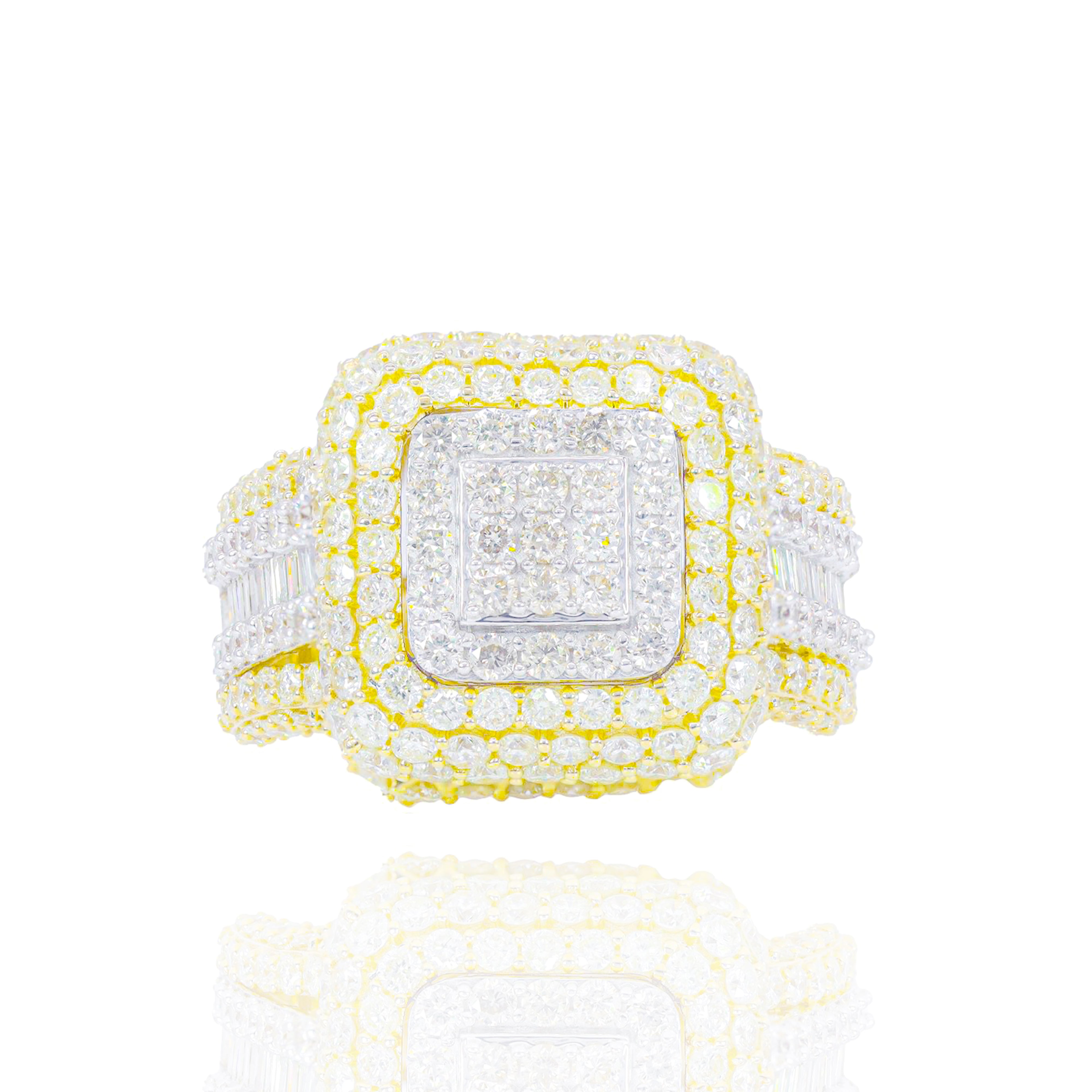 Two-Tone Baguette and Round Diamond Square Ring
