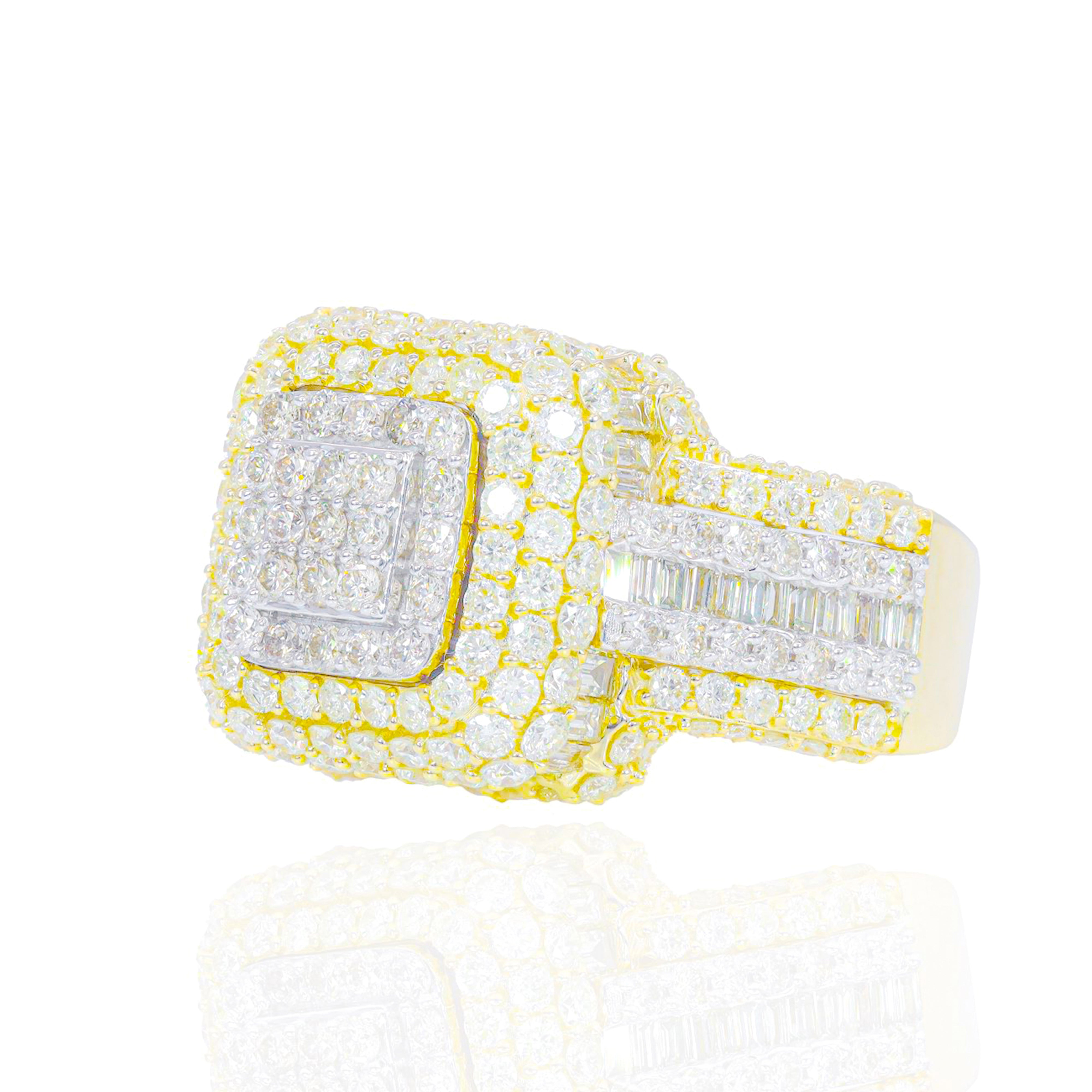 Two-Tone Baguette and Round Diamond Square Ring