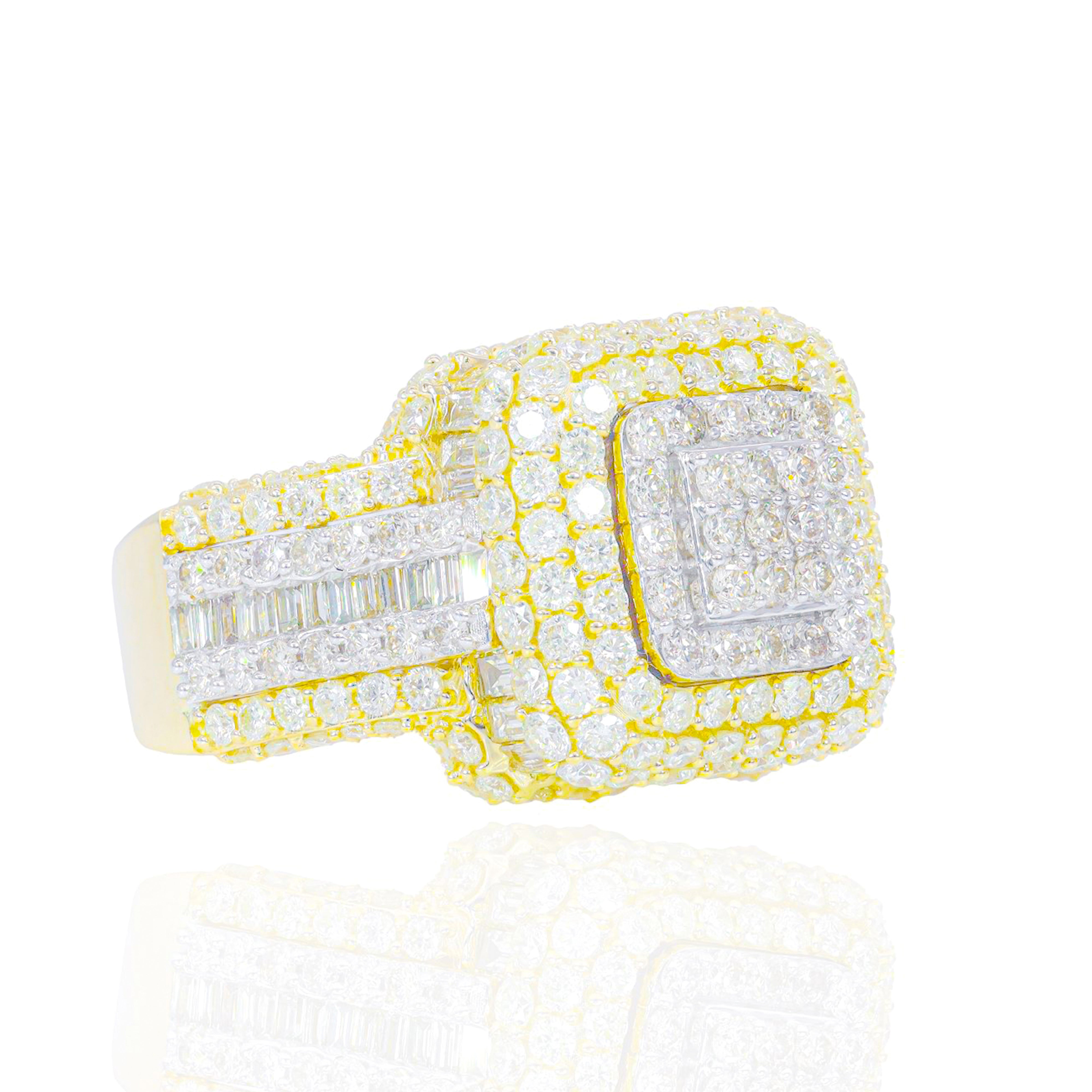 Two-Tone Baguette and Round Diamond Square Ring