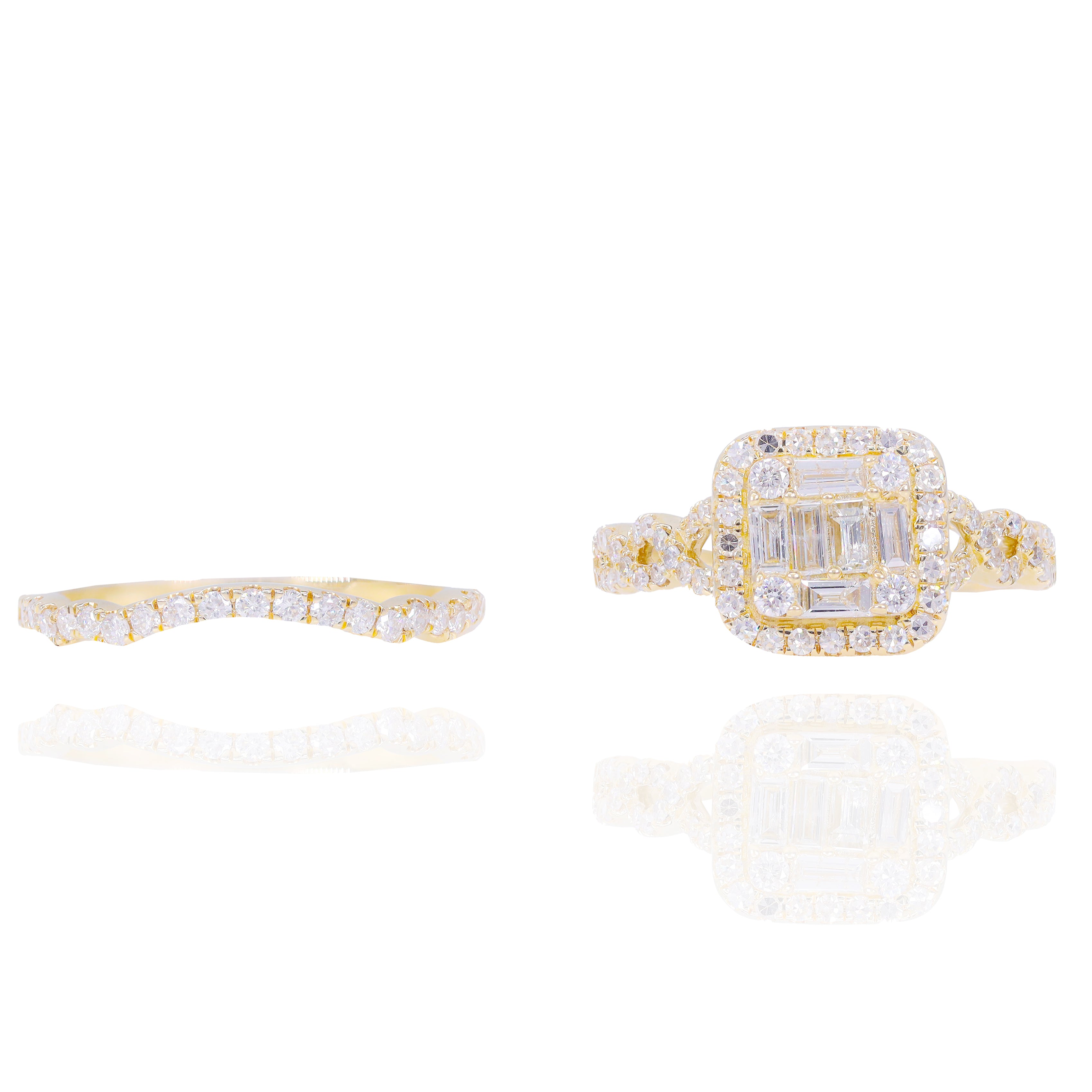 Princess Shaped Diamond Engagement Ring with Halo and Woven Shank & Band