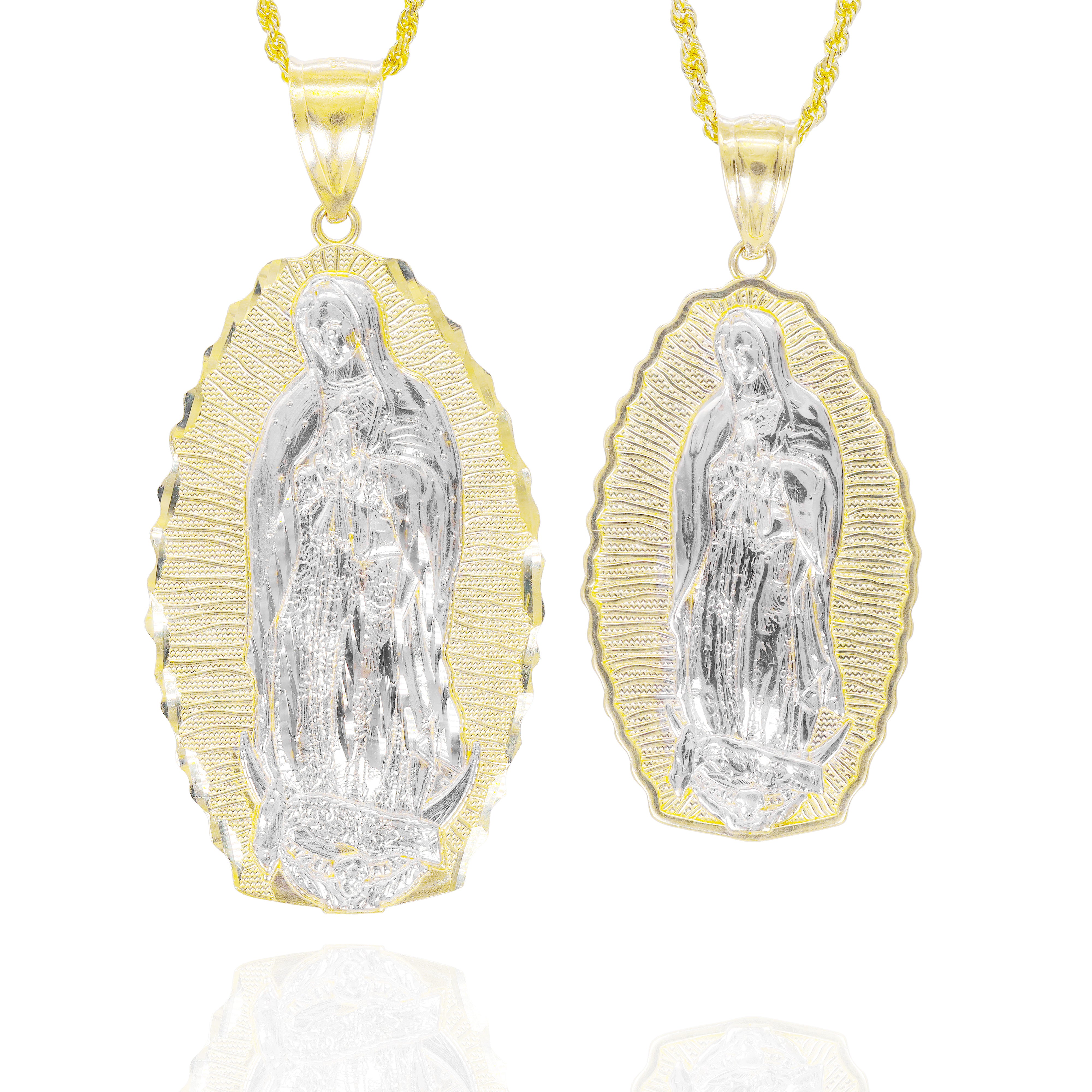 Two different sizes of yellow gold and white gold religious pendants of virgin mary
