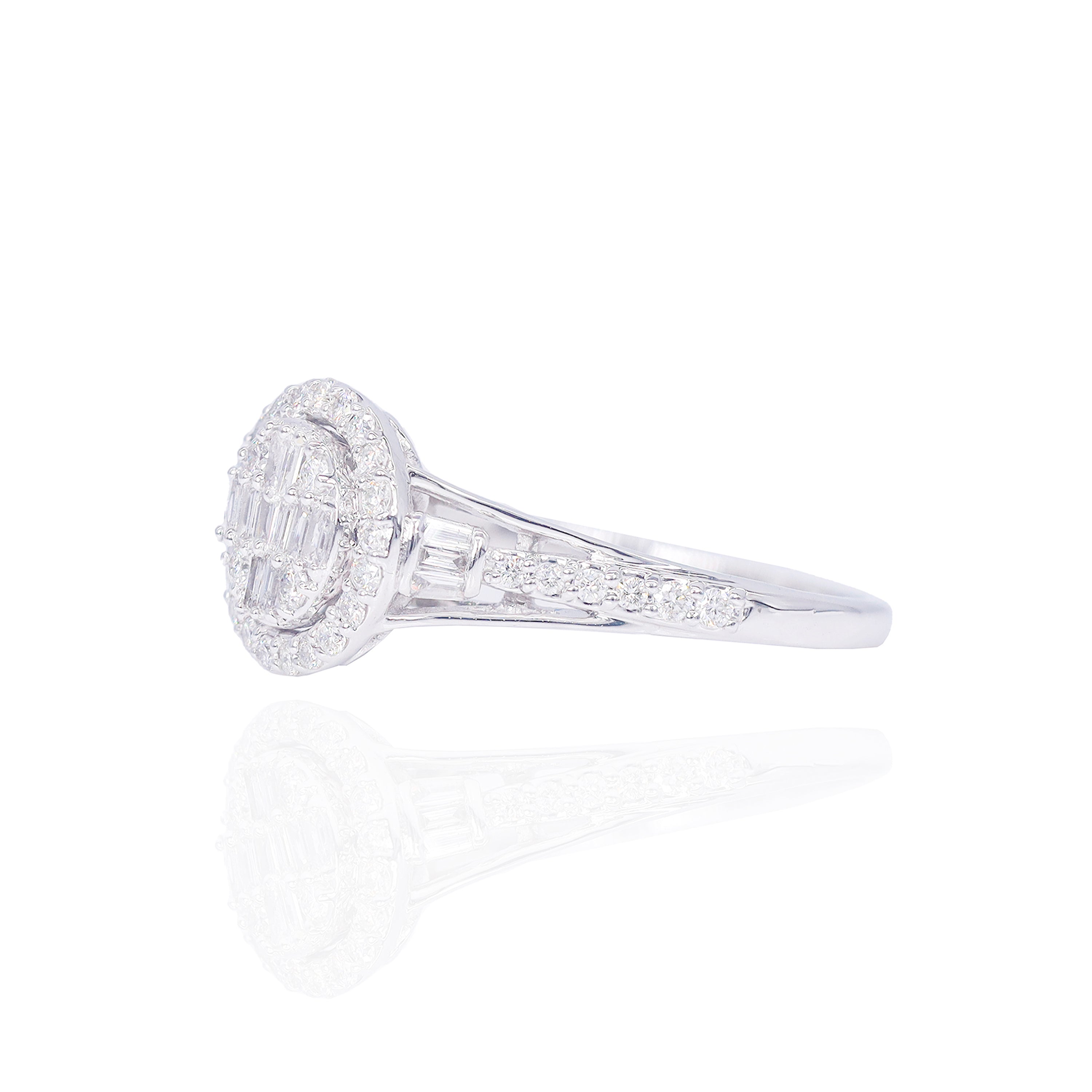 Baguette Center with Round Diamond Halo Engagement Ring