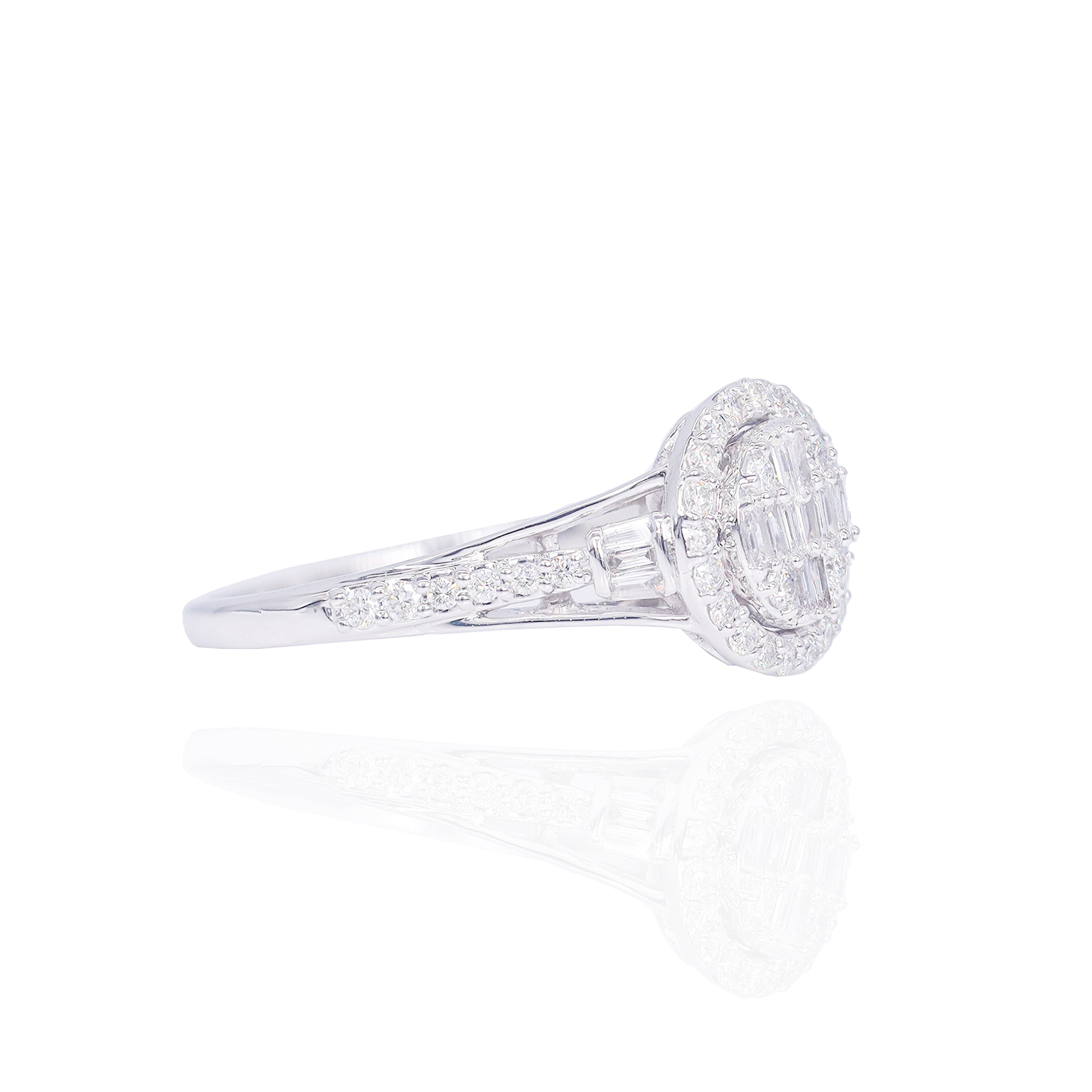 Baguette Center with Round Diamond Halo Engagement Ring