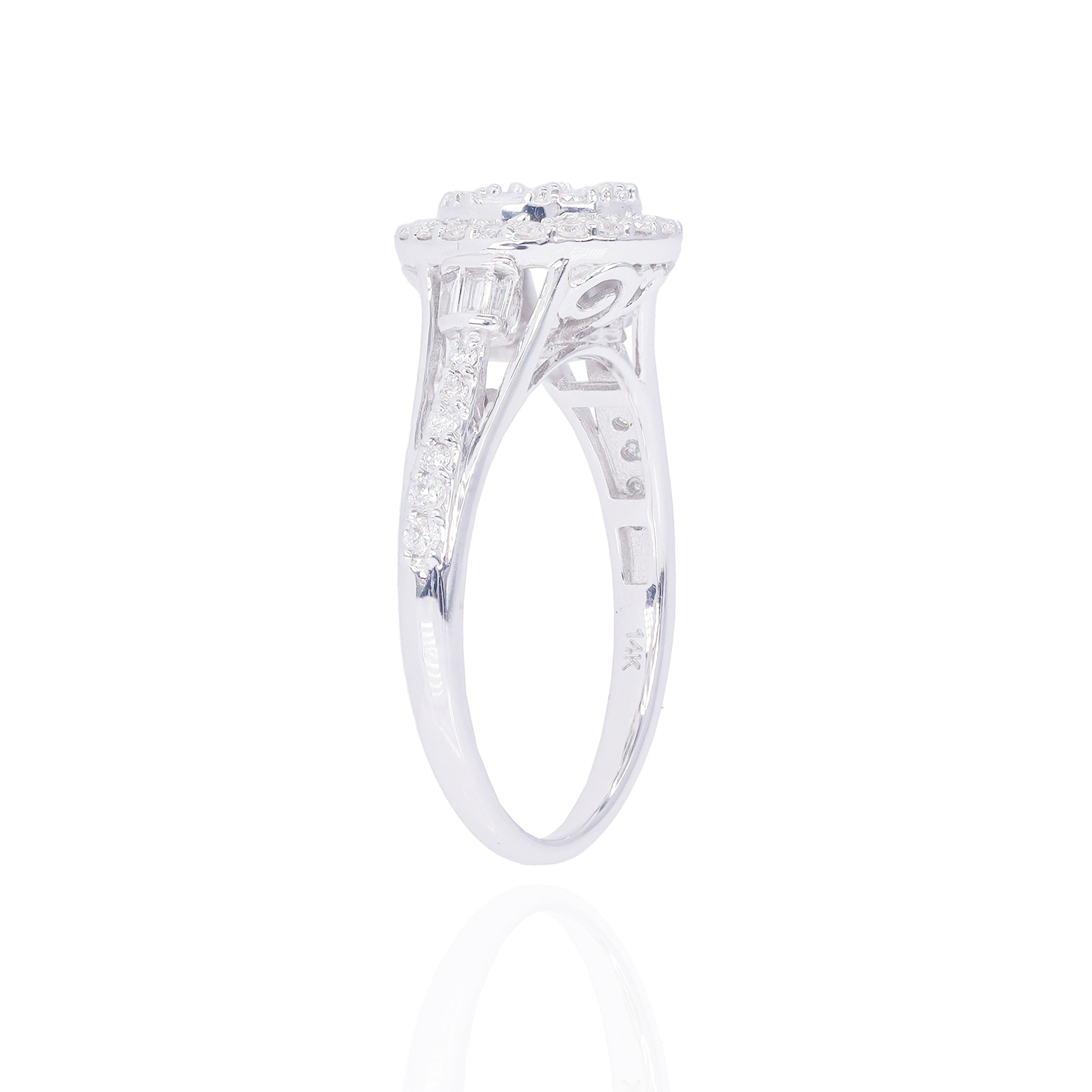 Baguette Center with Round Diamond Halo Engagement Ring
