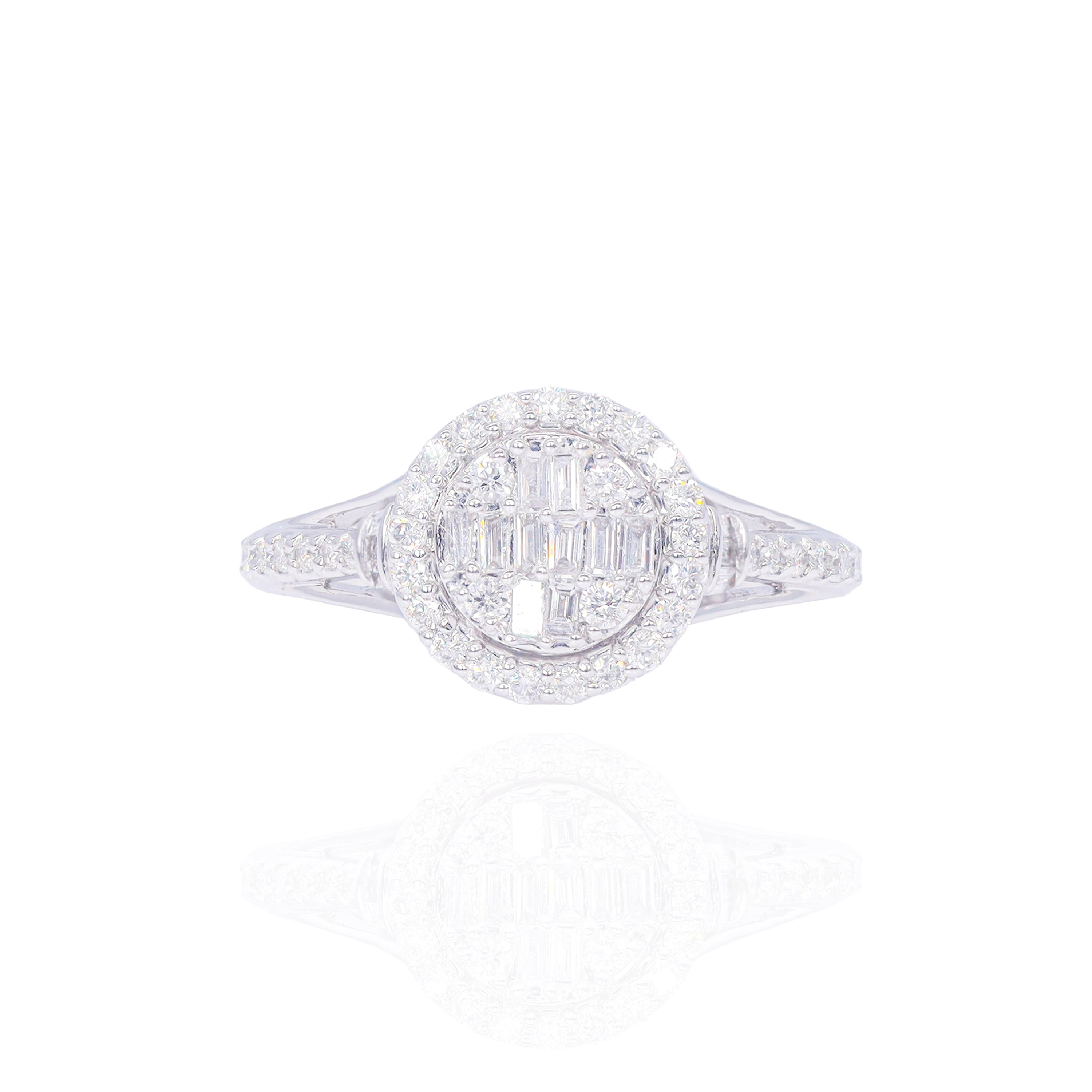Baguette Center with Round Diamond Halo Engagement Ring
