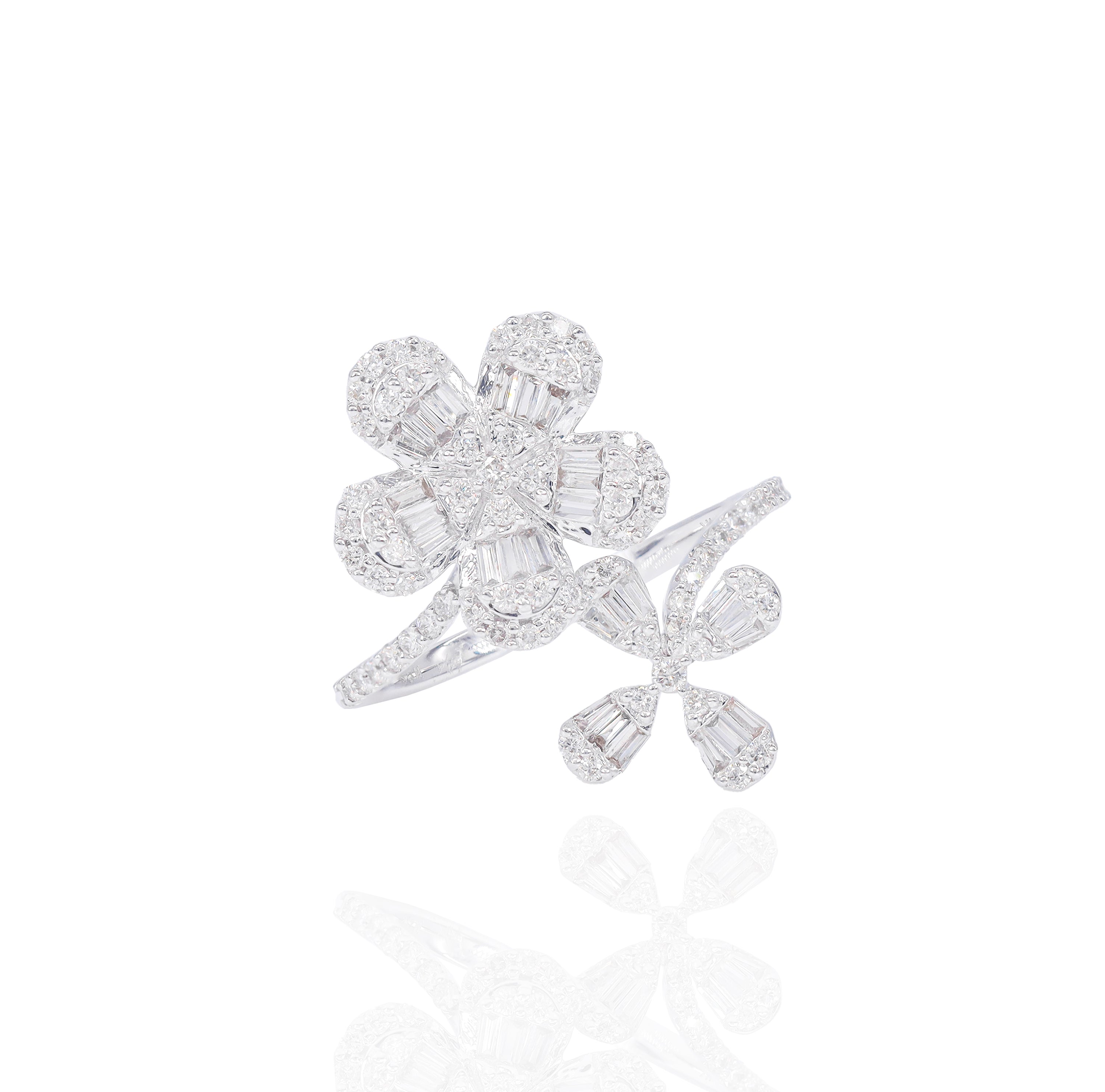 Double Flower Baguette and Round Diamond Cocktail Ring