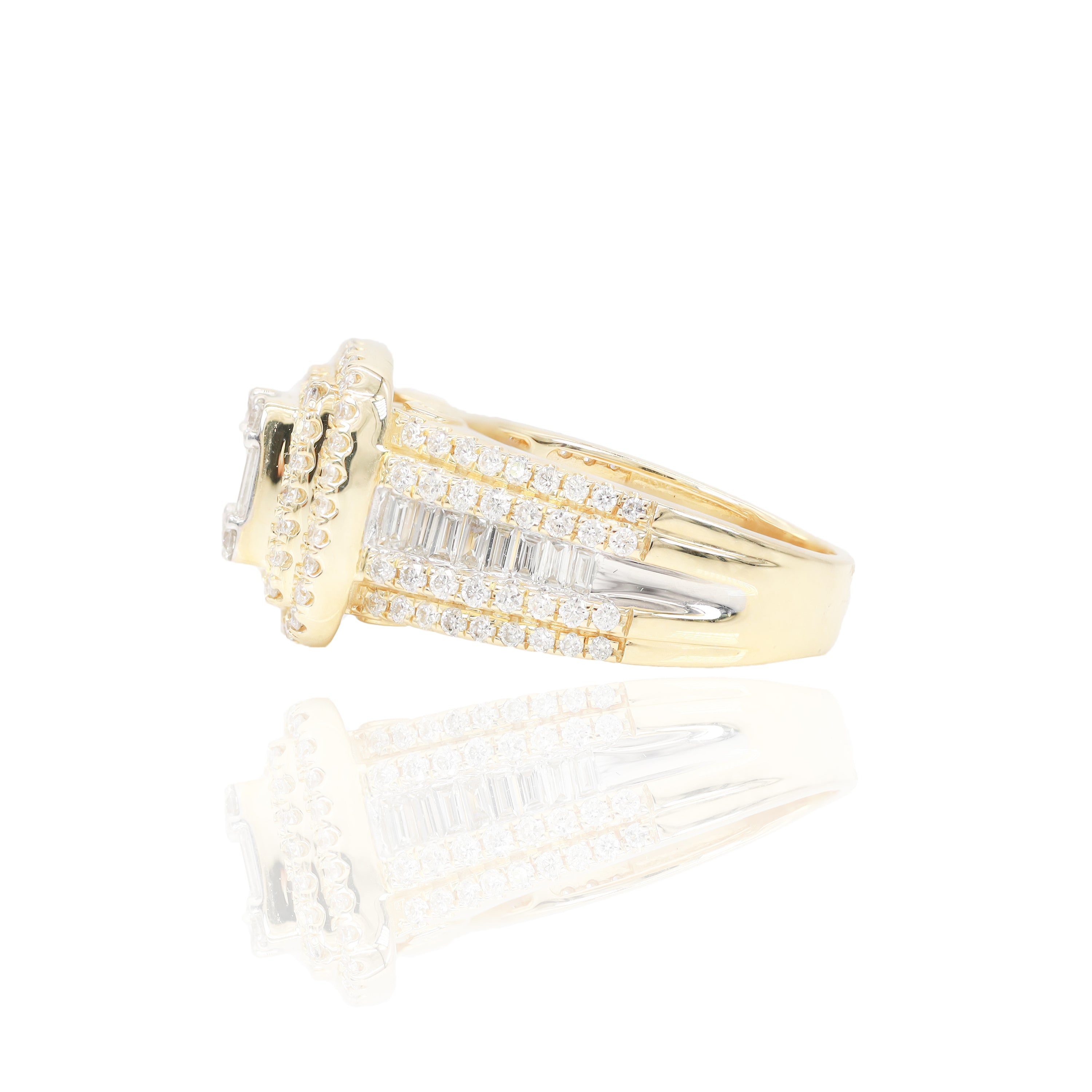Double Halo Center Baguette Diamond Engagement Ring & Band