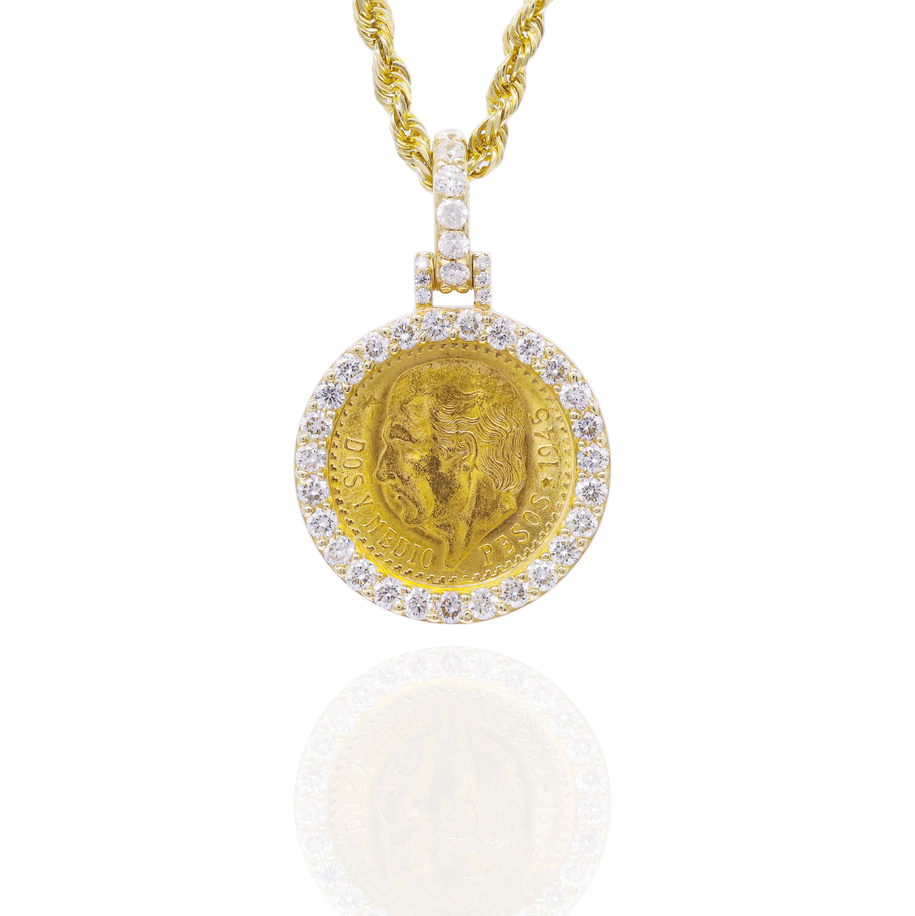 Dos Y Medio 1945 21KT Gold Coin with Diamond Bezel