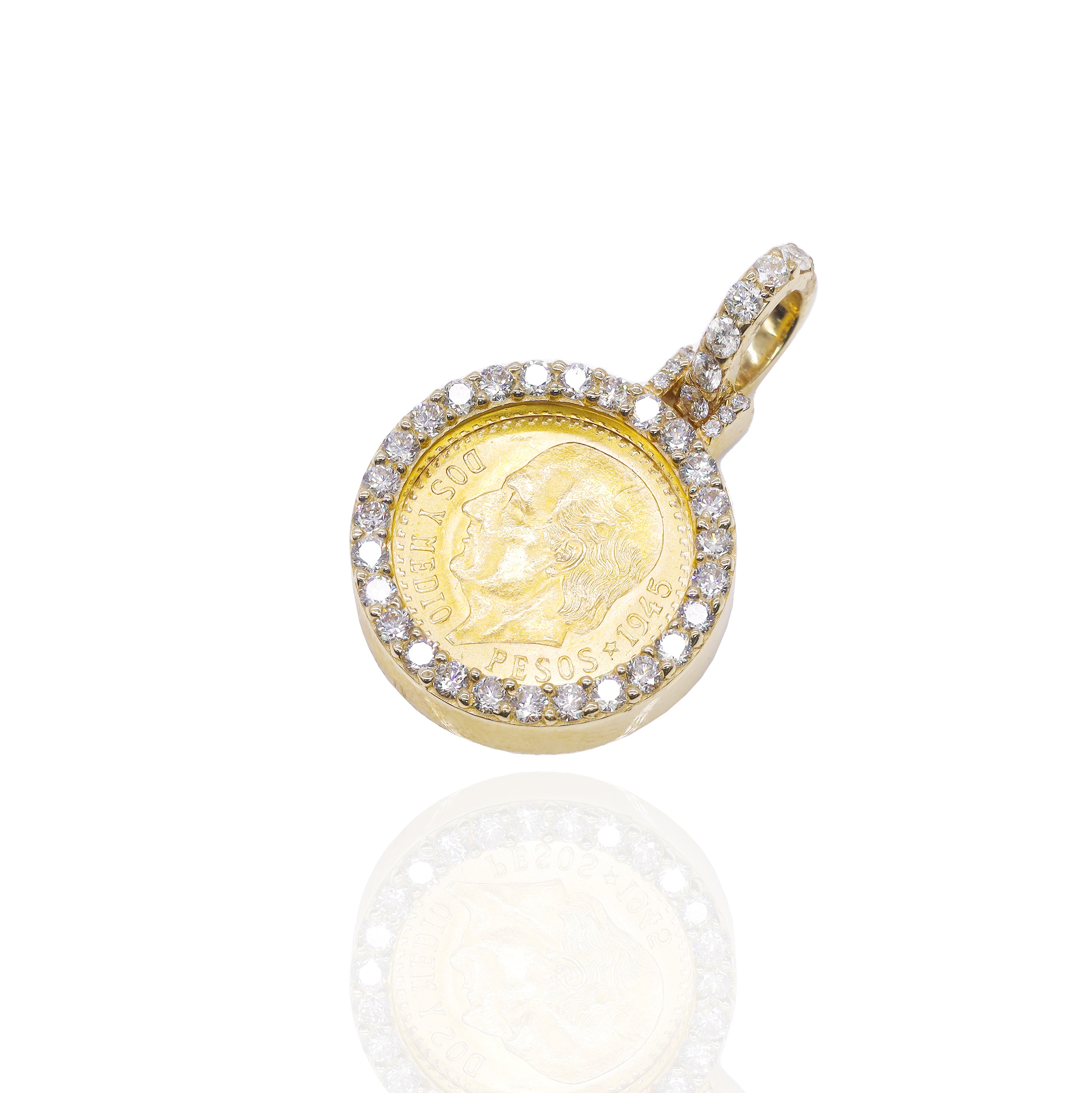 Dos Y Medio 1945 21KT Gold Coin with Diamond Bezel