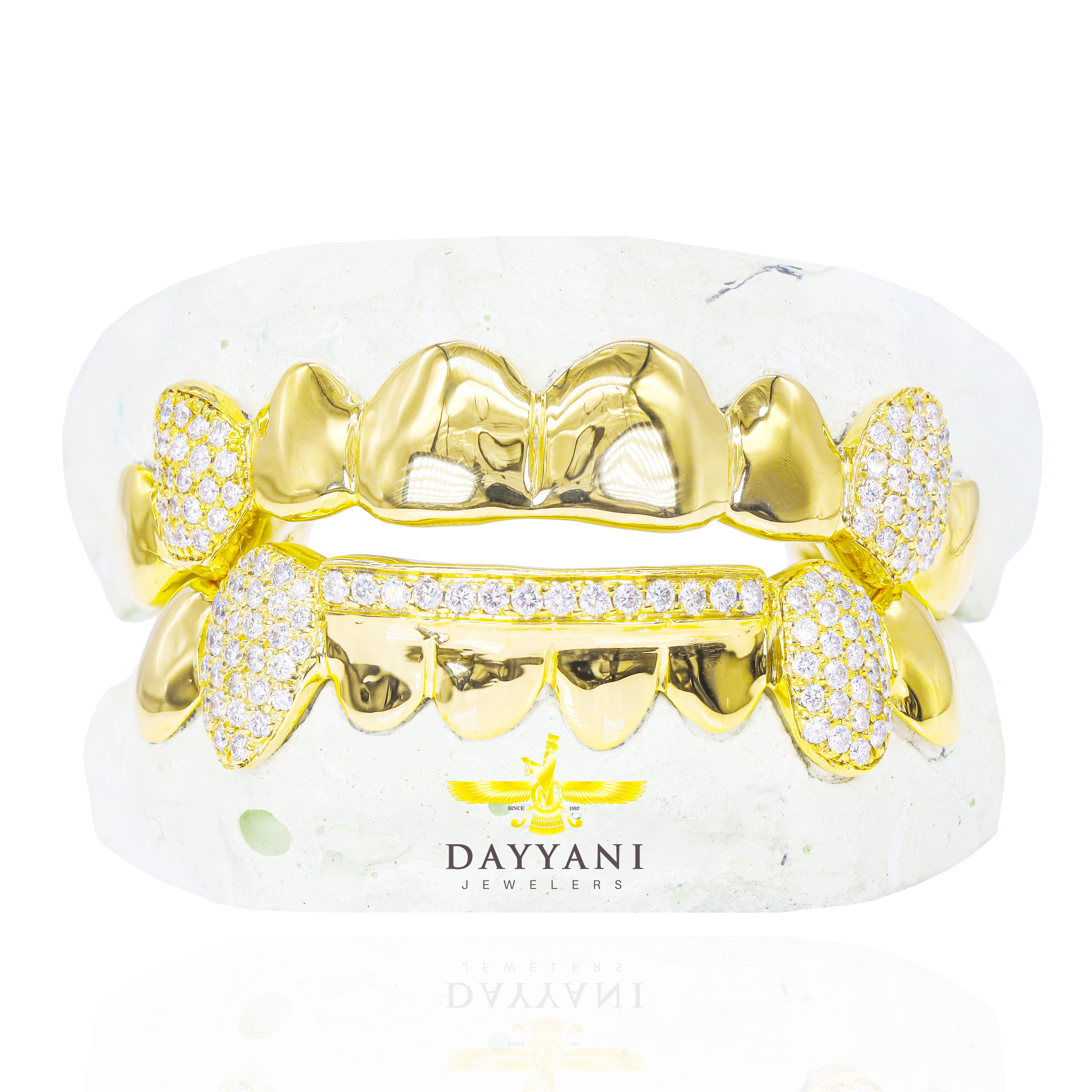 Custom 8 on 8 Teeth Diamond Fangs & Diamond Bar Gold Grillz