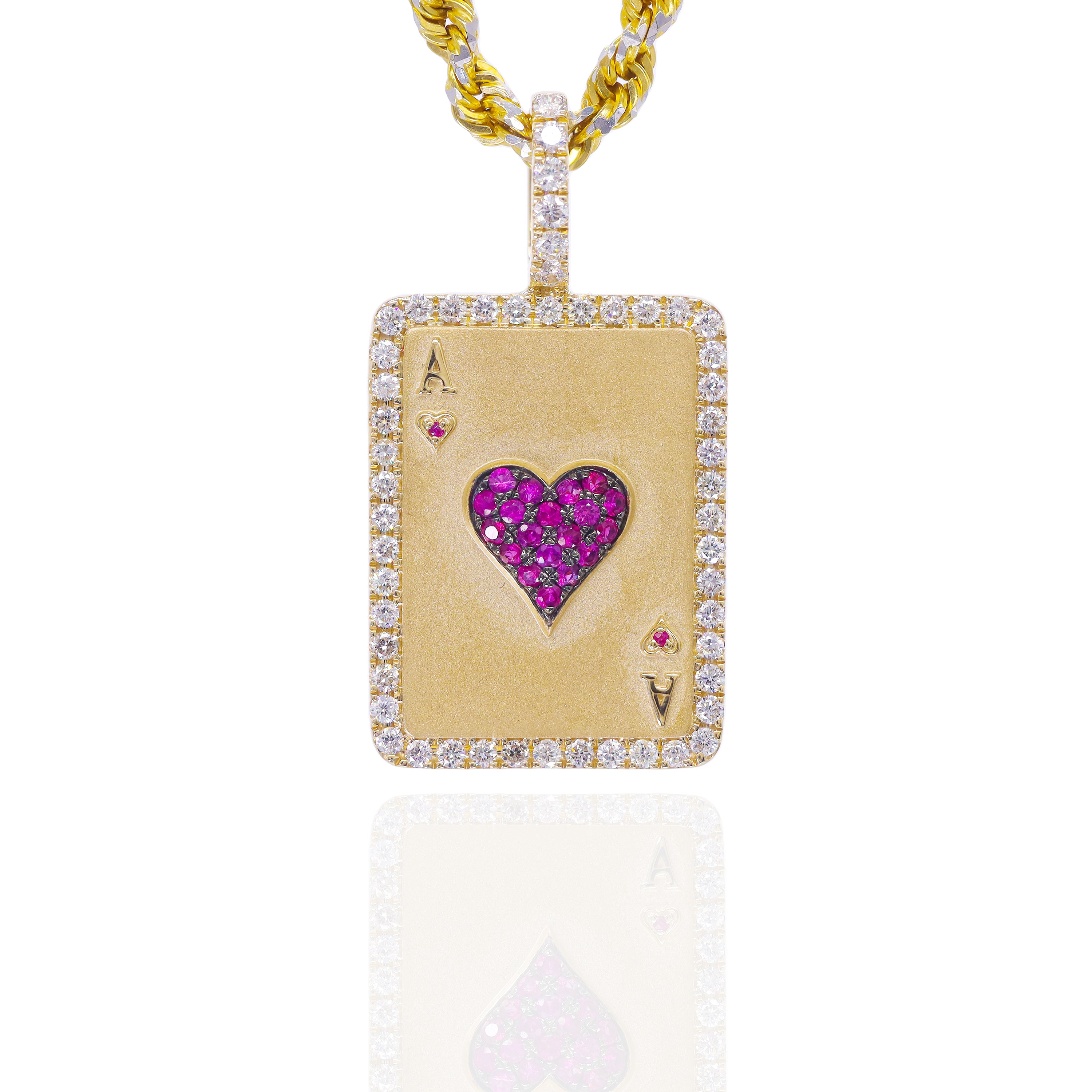 Ace of Hearts Diamonds Card Pendant with Red Rubies