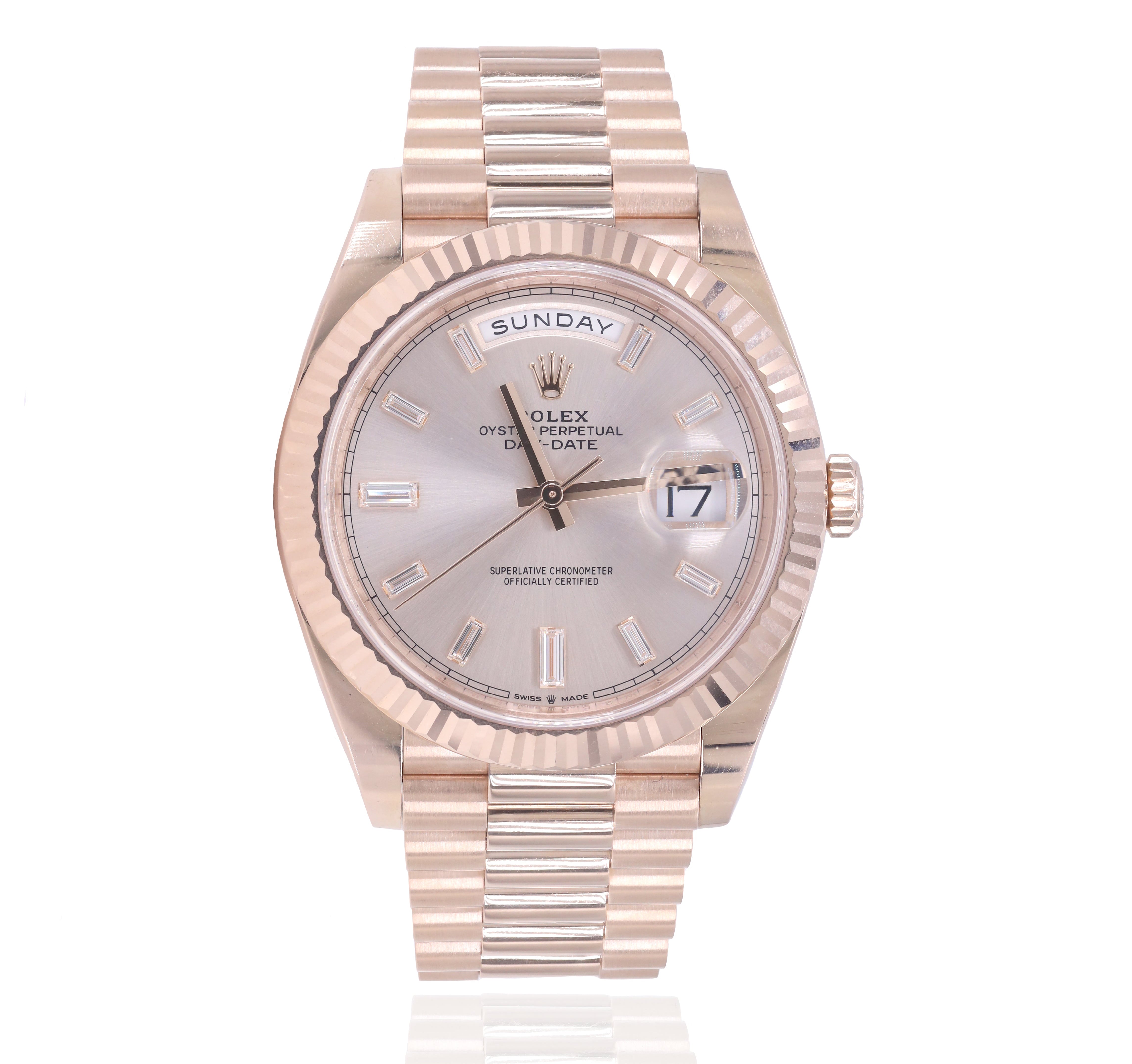 Rolex 228235 Day-Date 40mm Everose Gold Sundust Baguette Diamond Dial