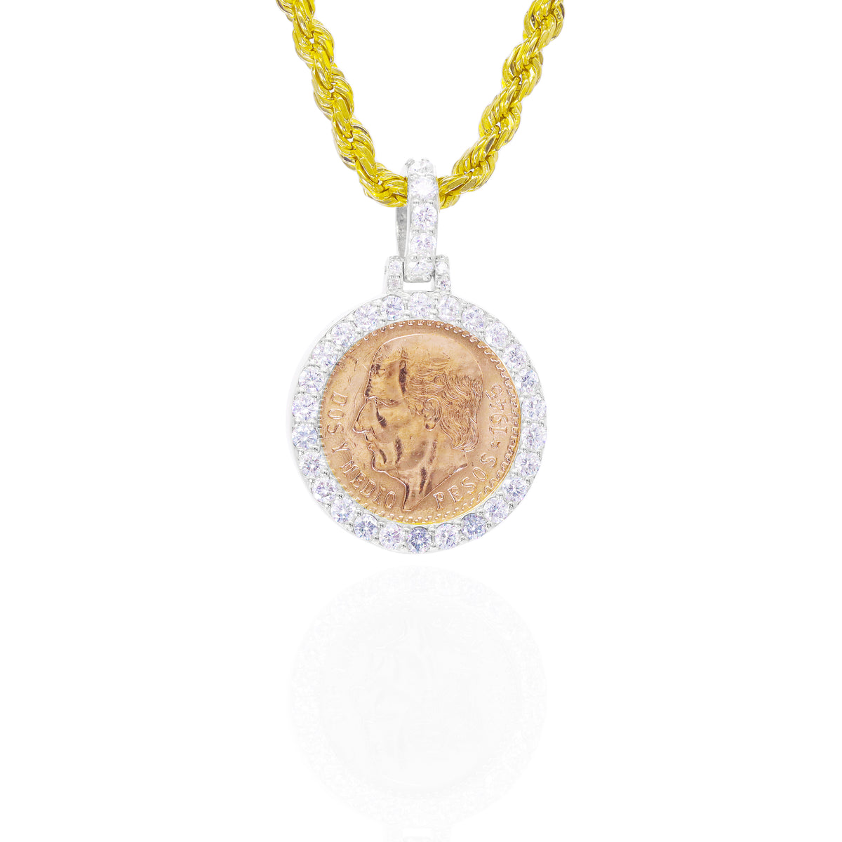 Dos Y Medio 1945 21KT Gold Coin with Diamond Bezel
