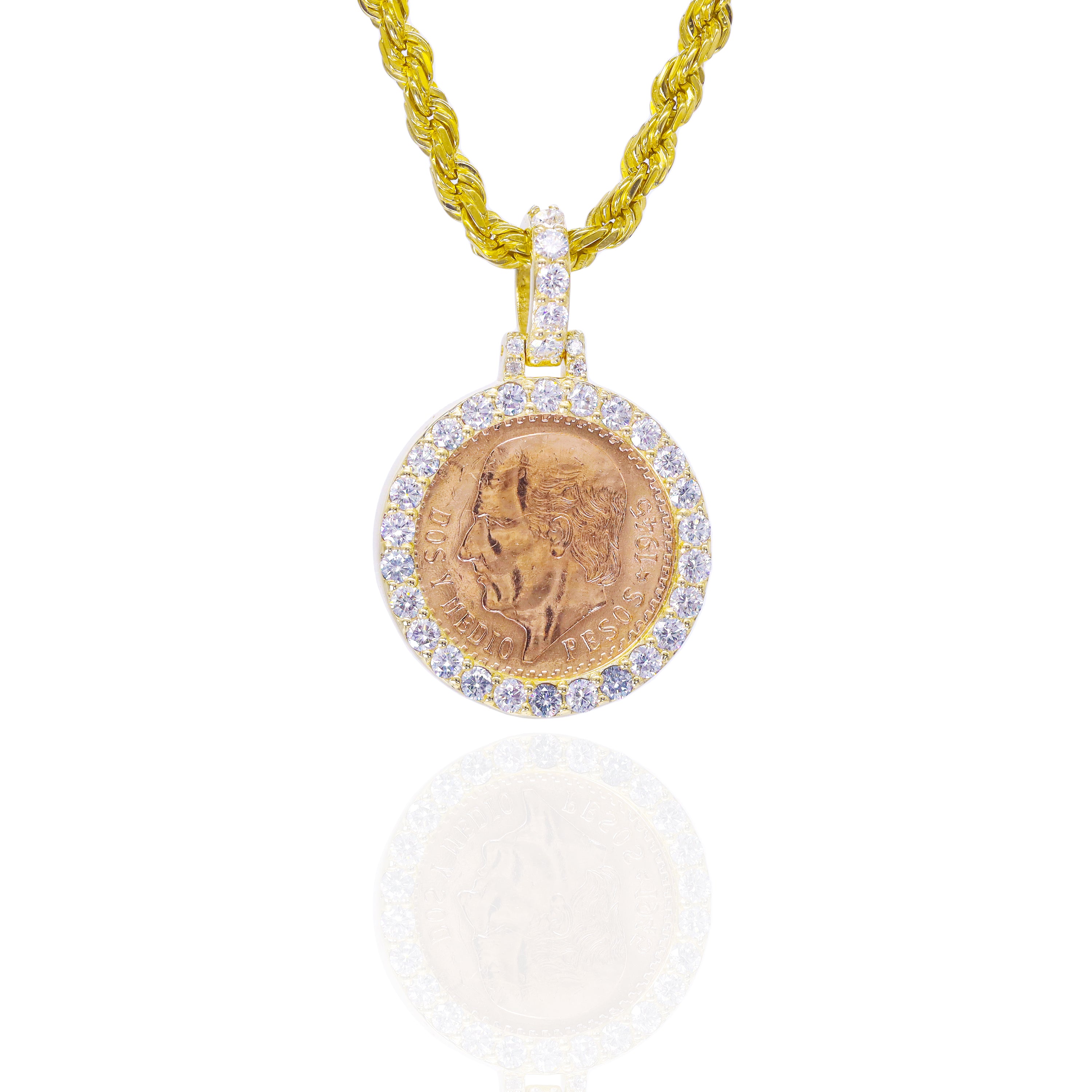 Dos Y Medio 1945 21KT Gold Coin with Diamond Bezel