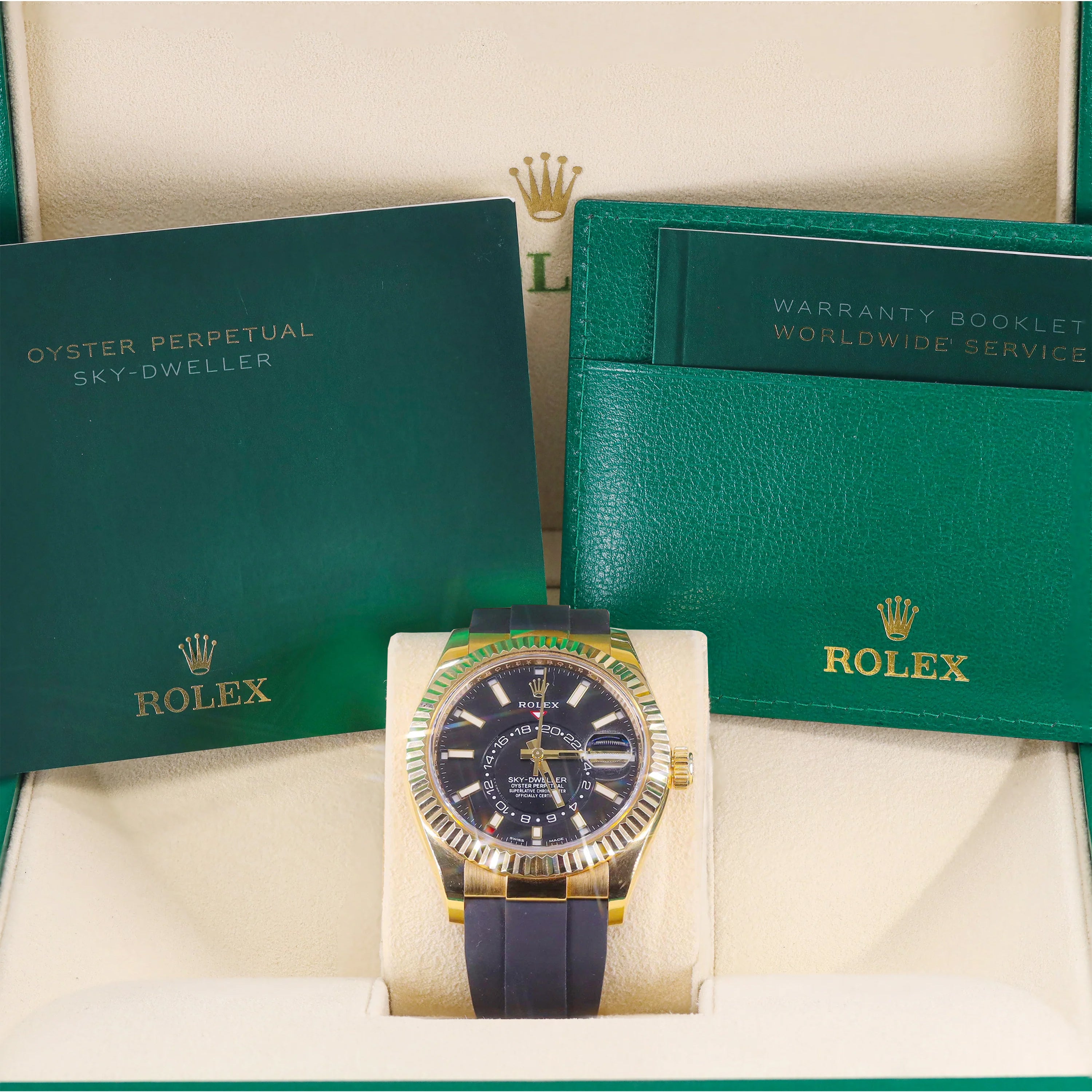 Rolex 336238 Sky Dweller Black Dial 18KT Yellow Gold Oysterflex Rubber Strap