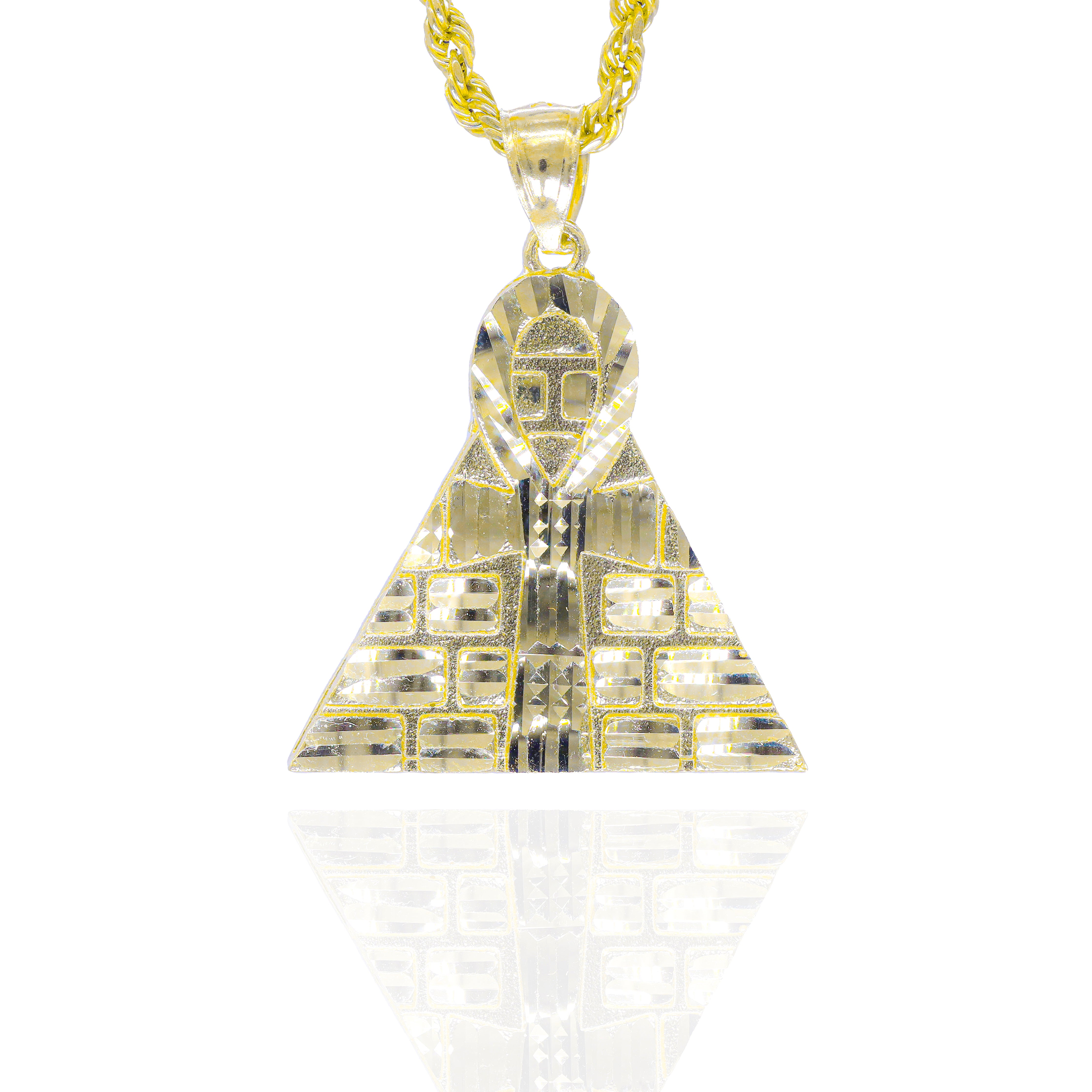 Gold pyramid-shaped pendant with a gold ankh 