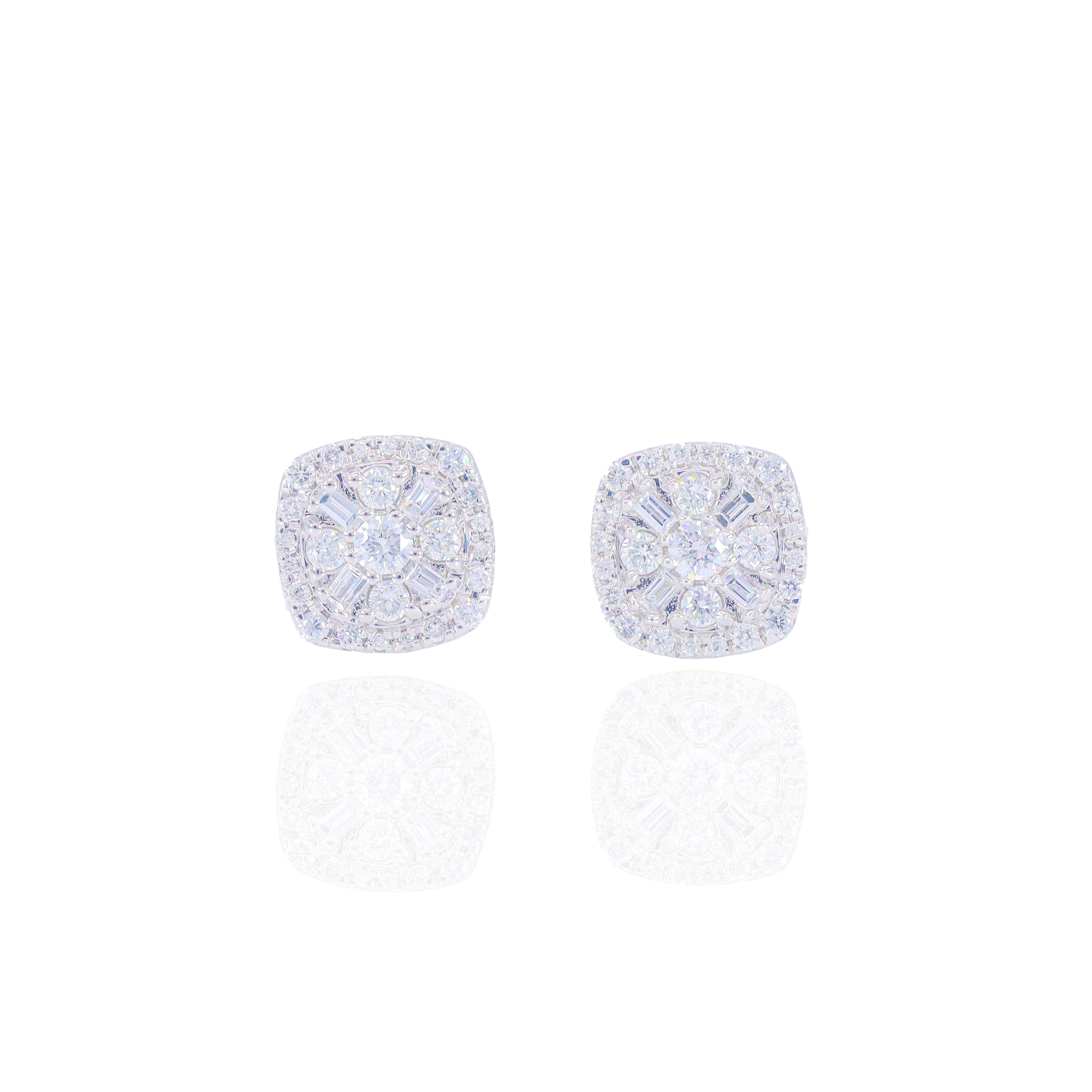 Alternating Round & Baguette Diamond Square Earrings