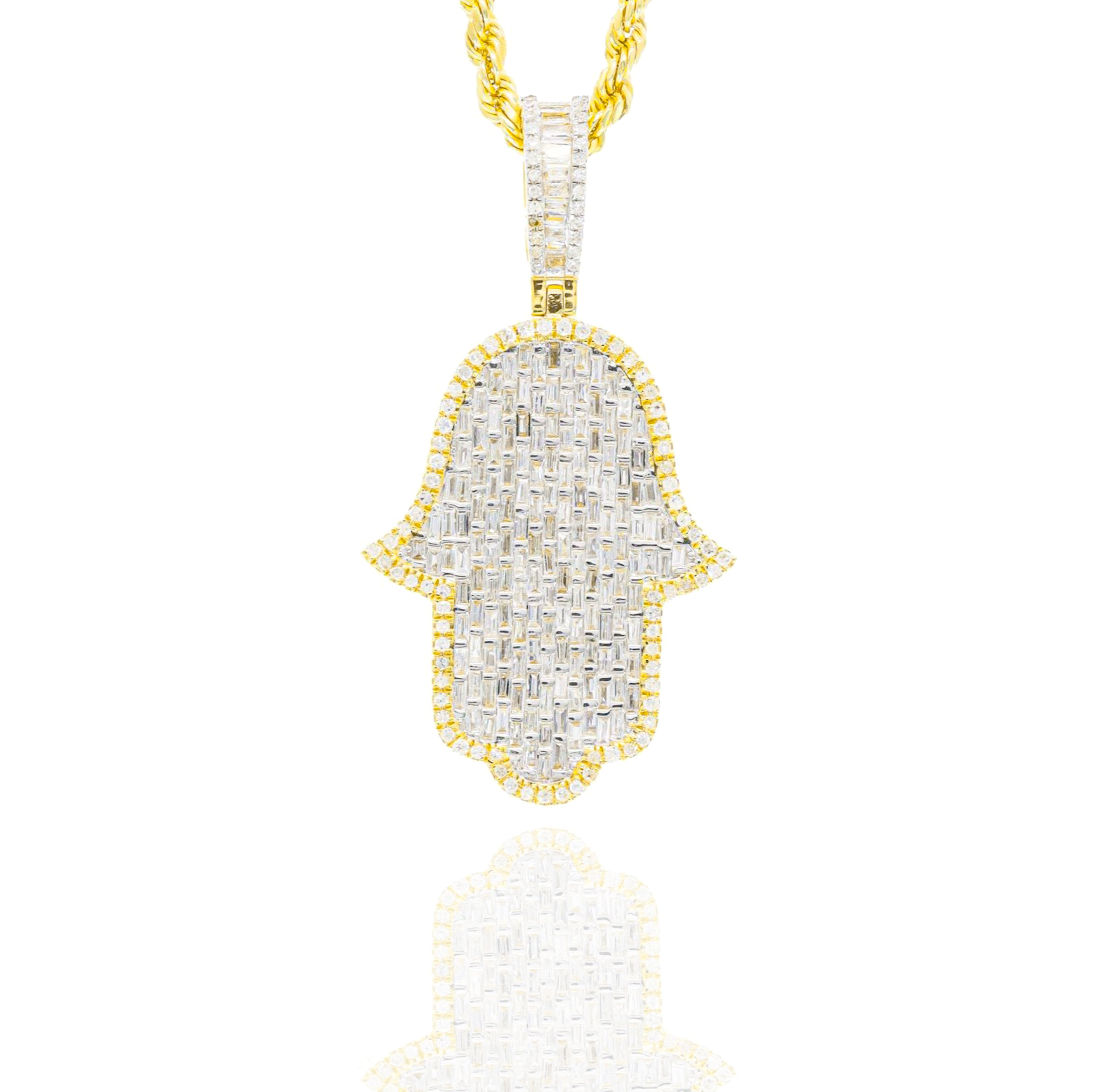 Baguette Diamond Hamza Hand Pendant w/ Round Diamond Border