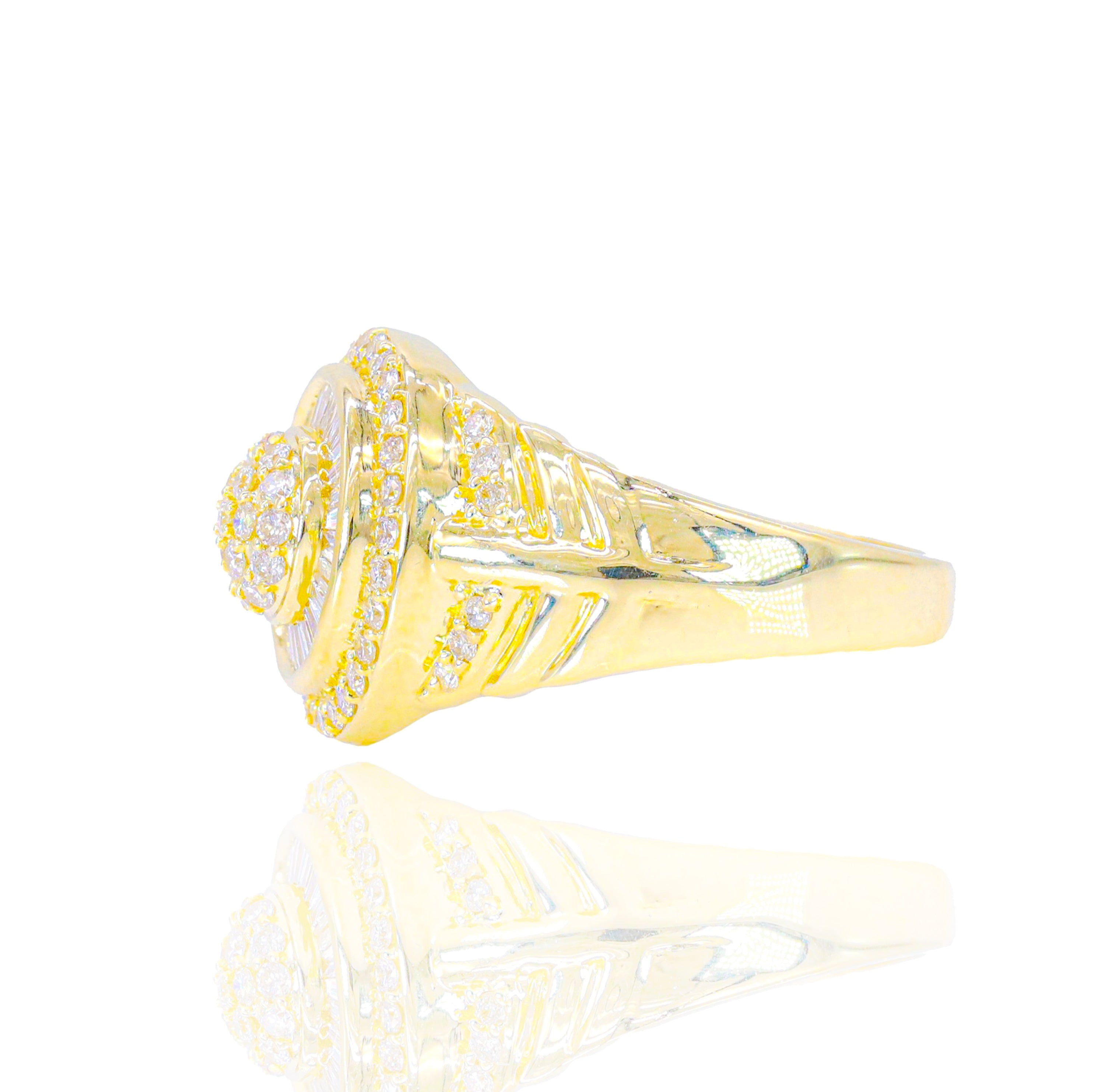 Dome Top Round Diamond Ring w/ Baguette Diamond Border