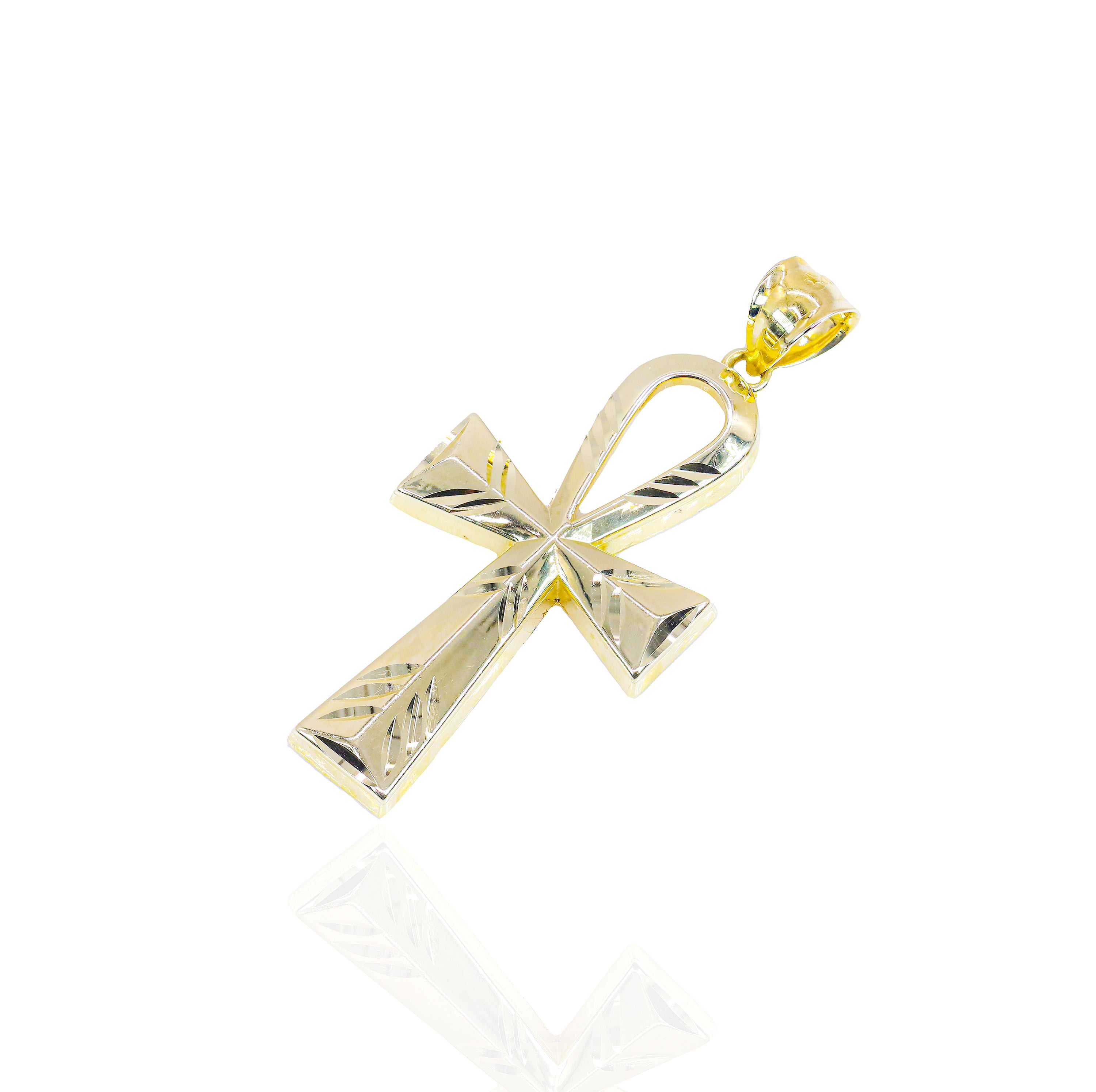 Elongated Fluted Ankh Solid Gold Pendant