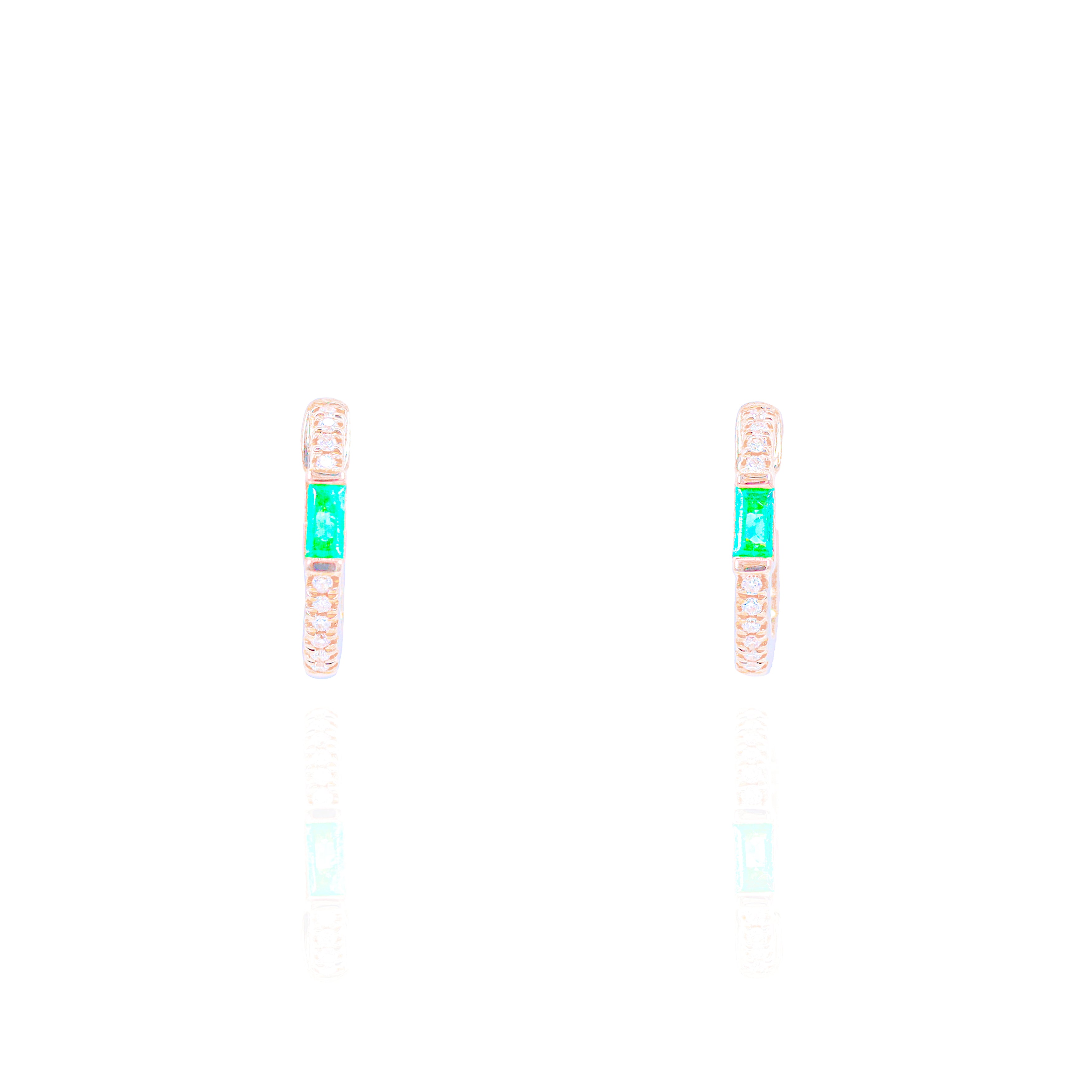 Diamond Hoops w/ Green Emerald Gemstone Center