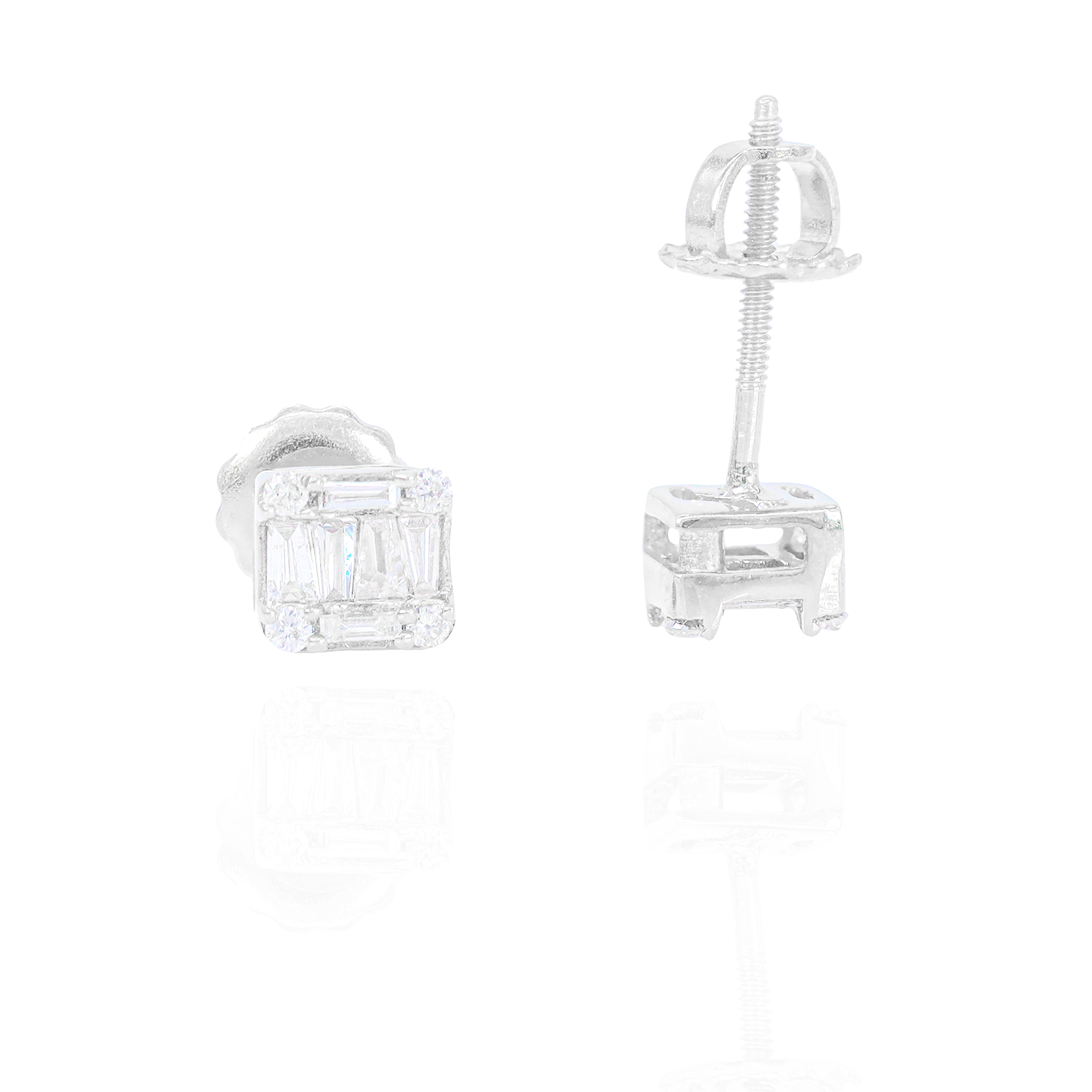 Small Baguette and Round Diamond Square Earrings