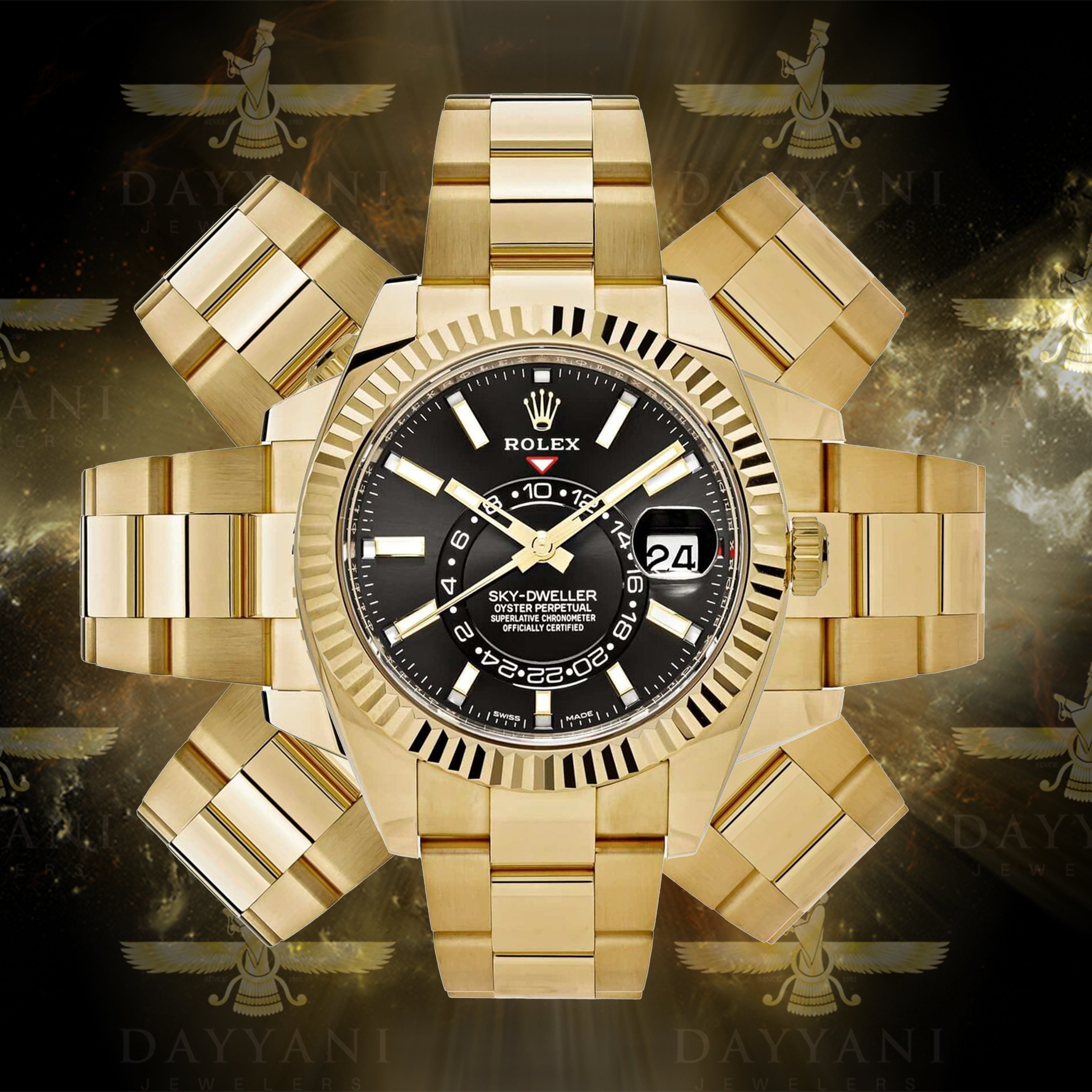 Rolex 326938 Sky Dweller Black Dial Solid 18KT Yellow Gold Oyster Band