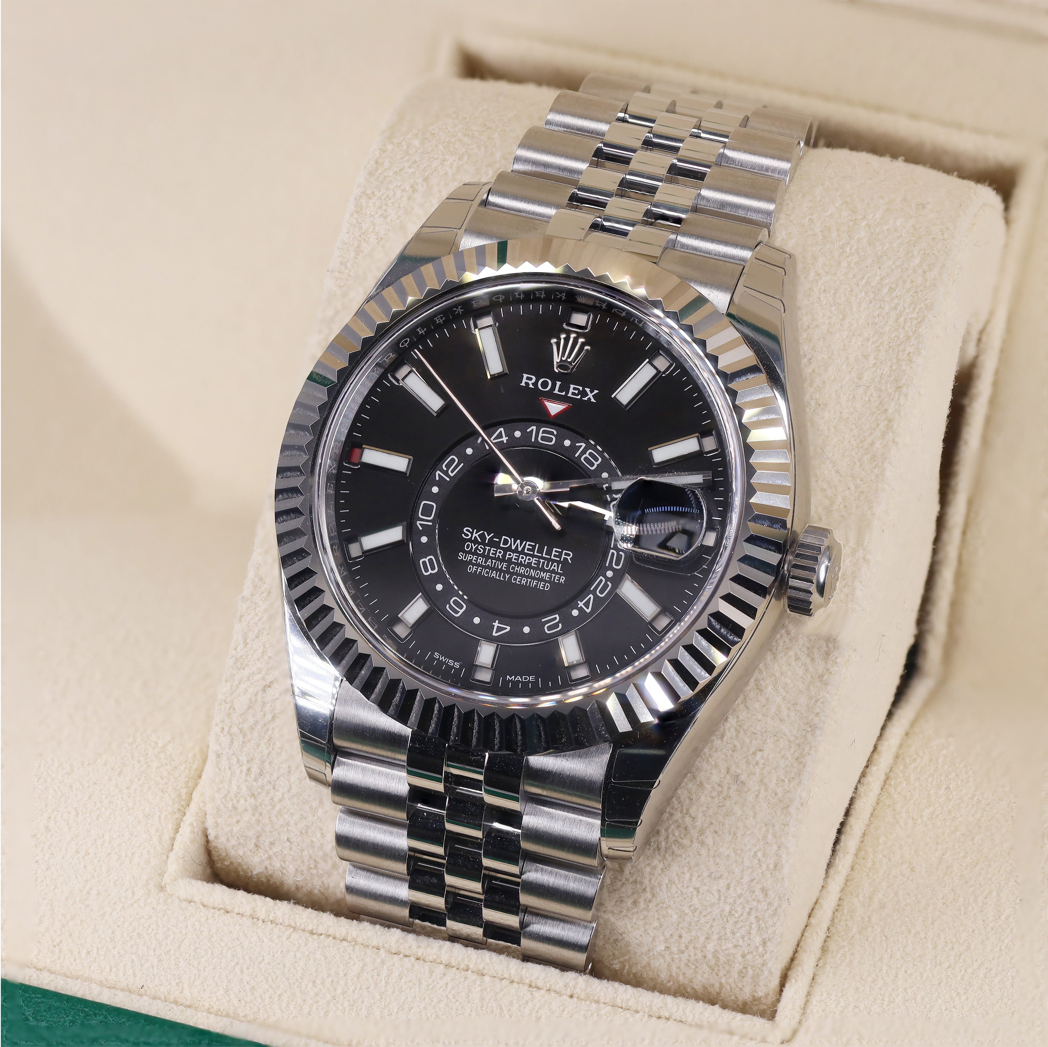 Rolex 326933 Sky Dweller 42mm Black Dial Stainless Jubilee Fluted Bezel