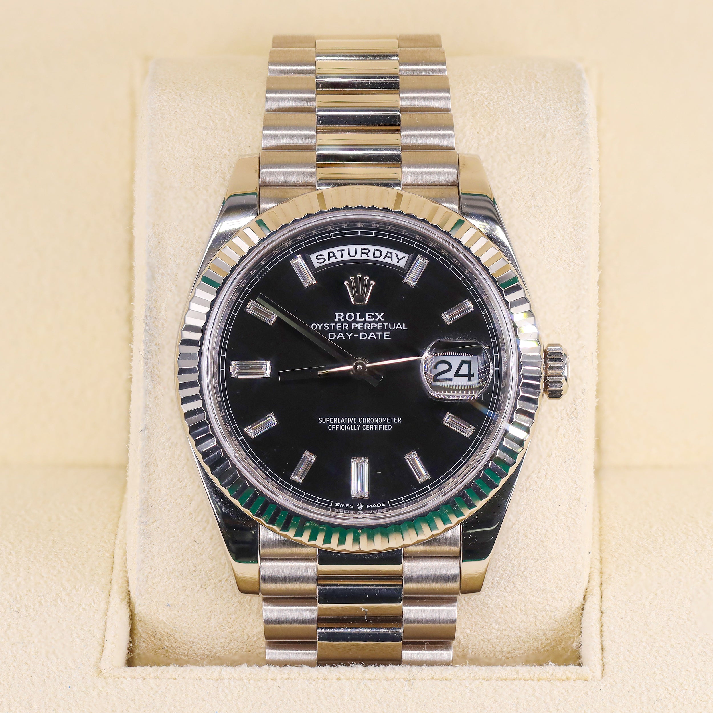 Rolex 228239 Day-Date 40mm White Gold Bright Black Baguette Diamond Dial
