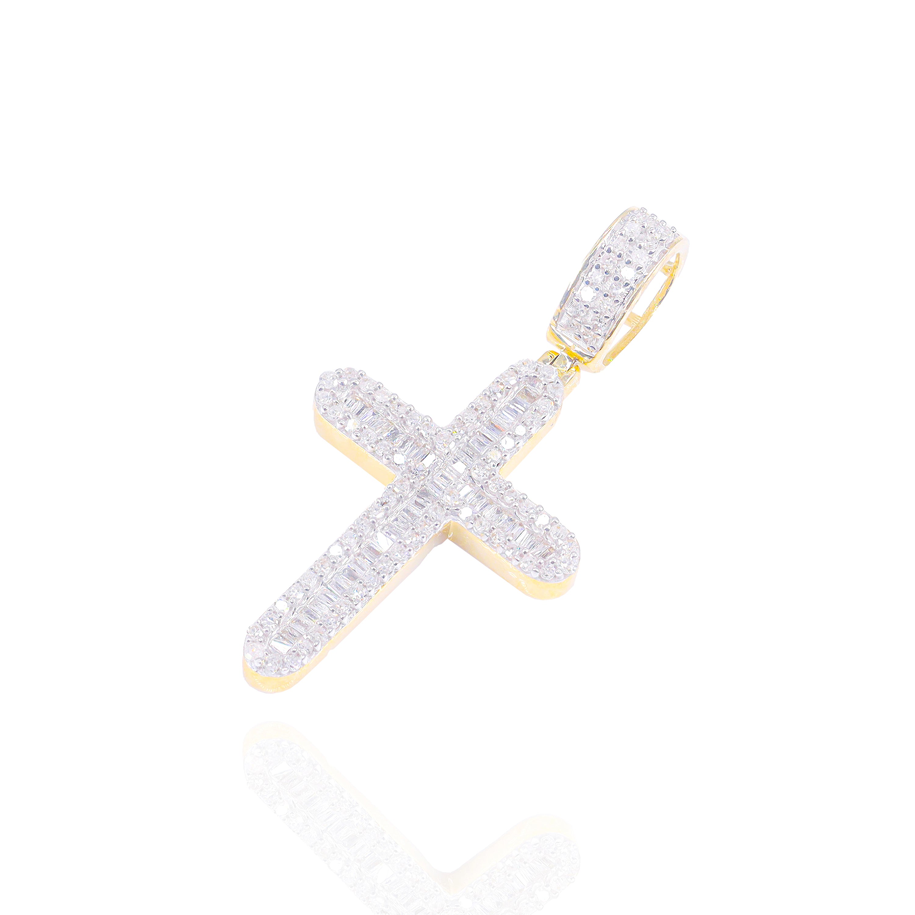 Baguette w/ Round Diamond Border Cross Pendant