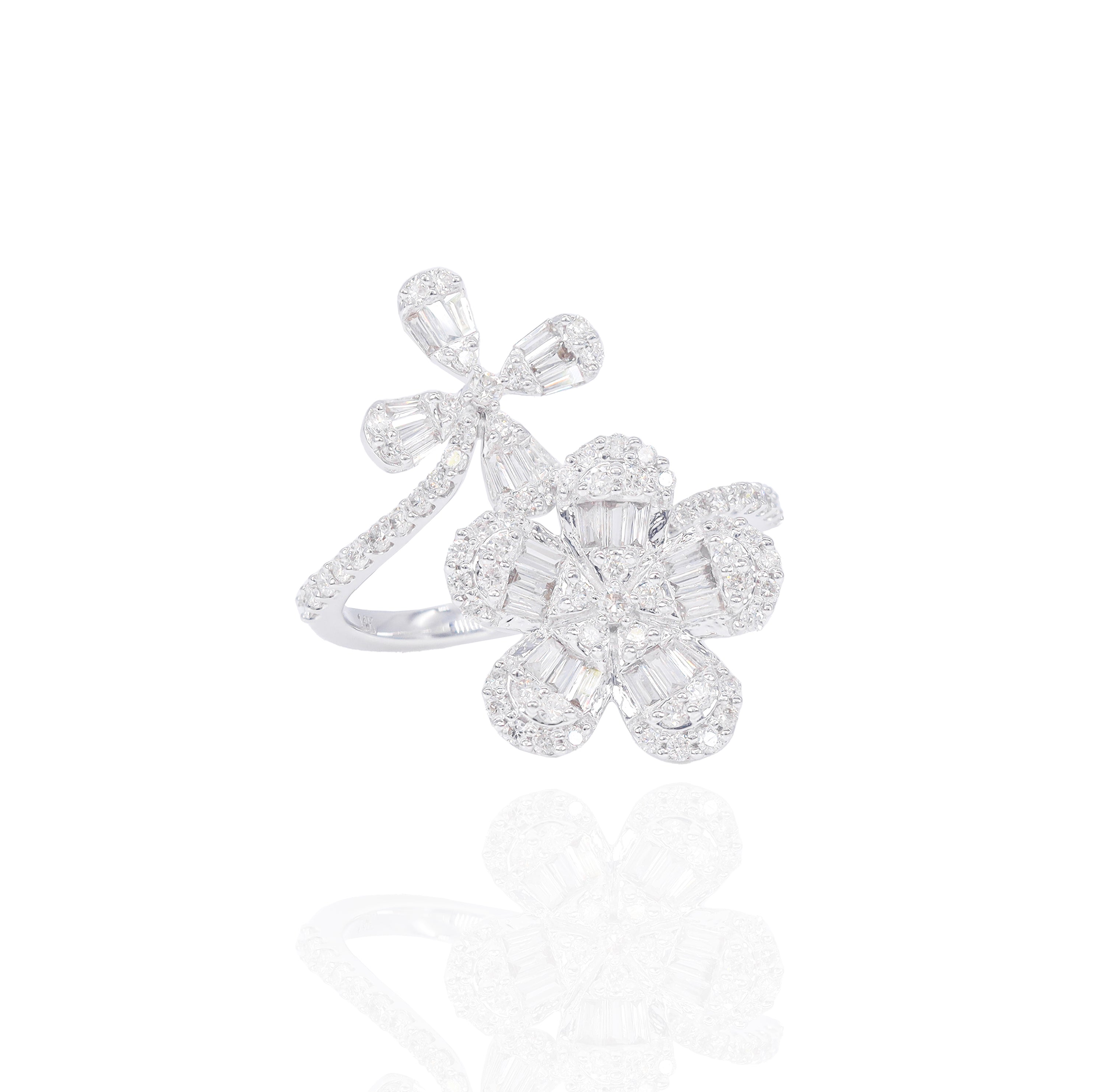 Double Flower Baguette and Round Diamond Cocktail Ring