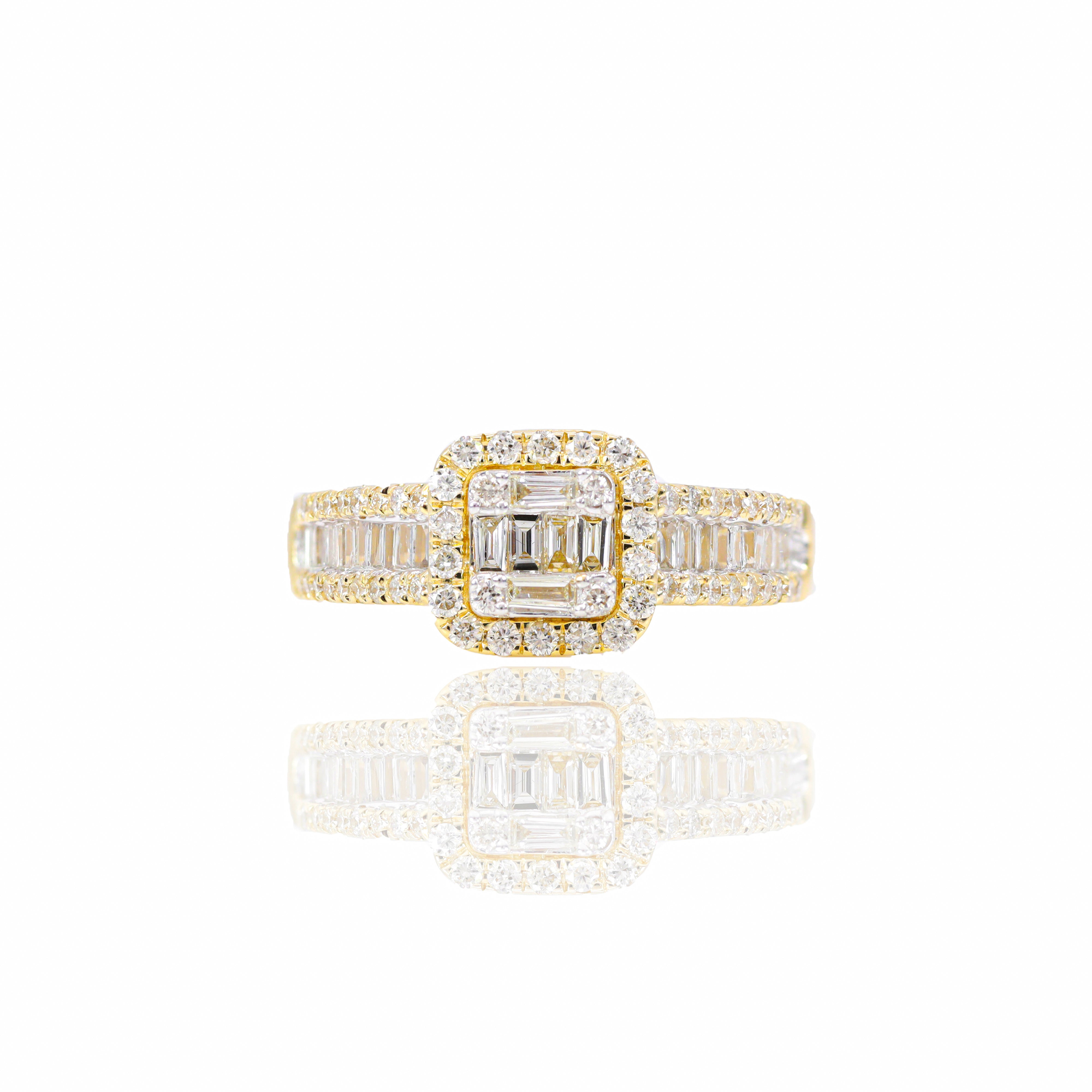 Baguette Diamond  Engagement Ring w/ Halo & Wedding Band